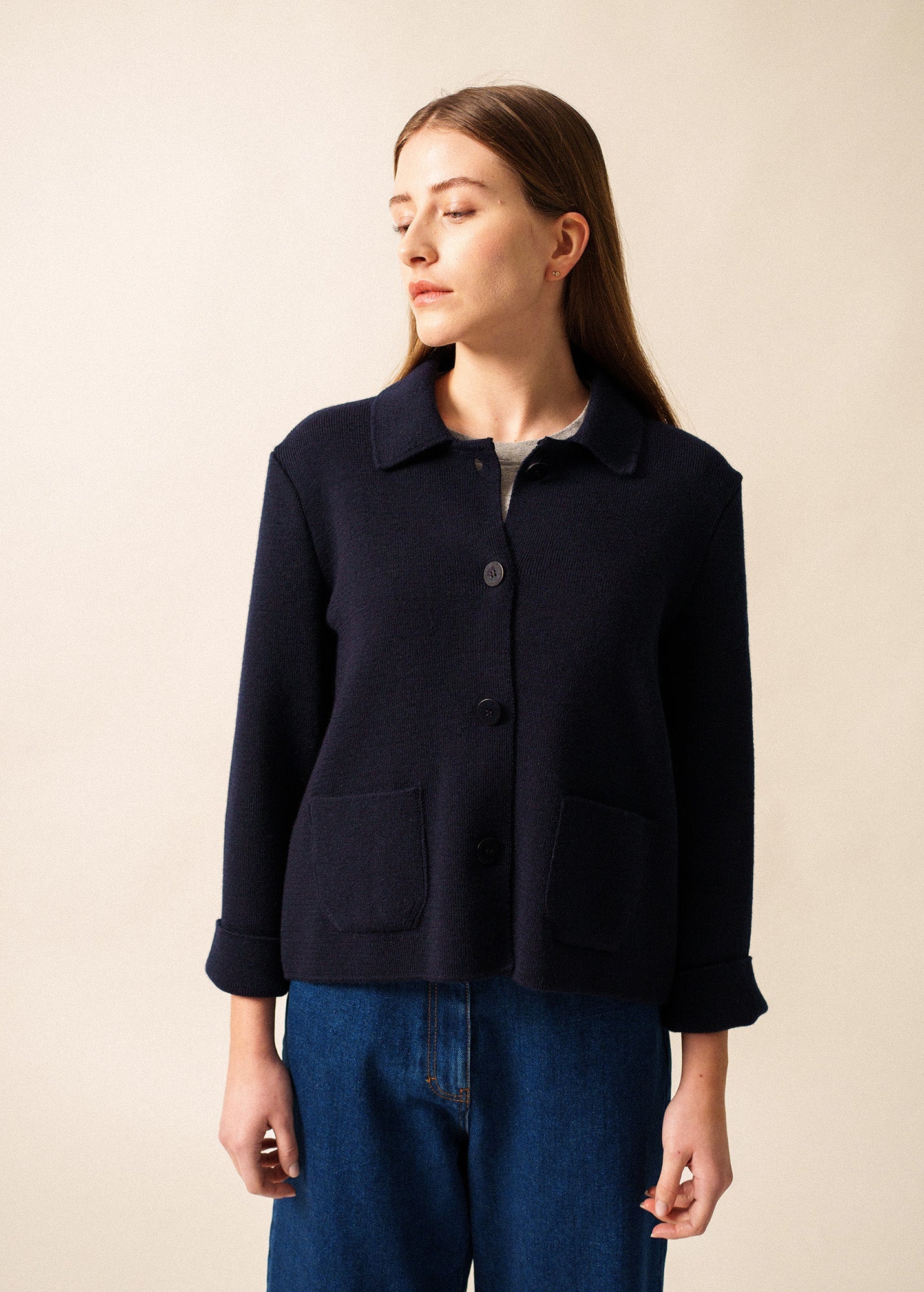 Saint James LA PLAGNE - Fine Rib Knit Buttoned Jacket for Women | 100% Wool (NAVY)