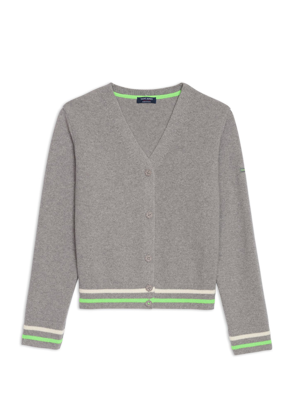 Saint James ANNECY - Wool Cardigan for Women (GRAY / NEON GREEN / IVORY)