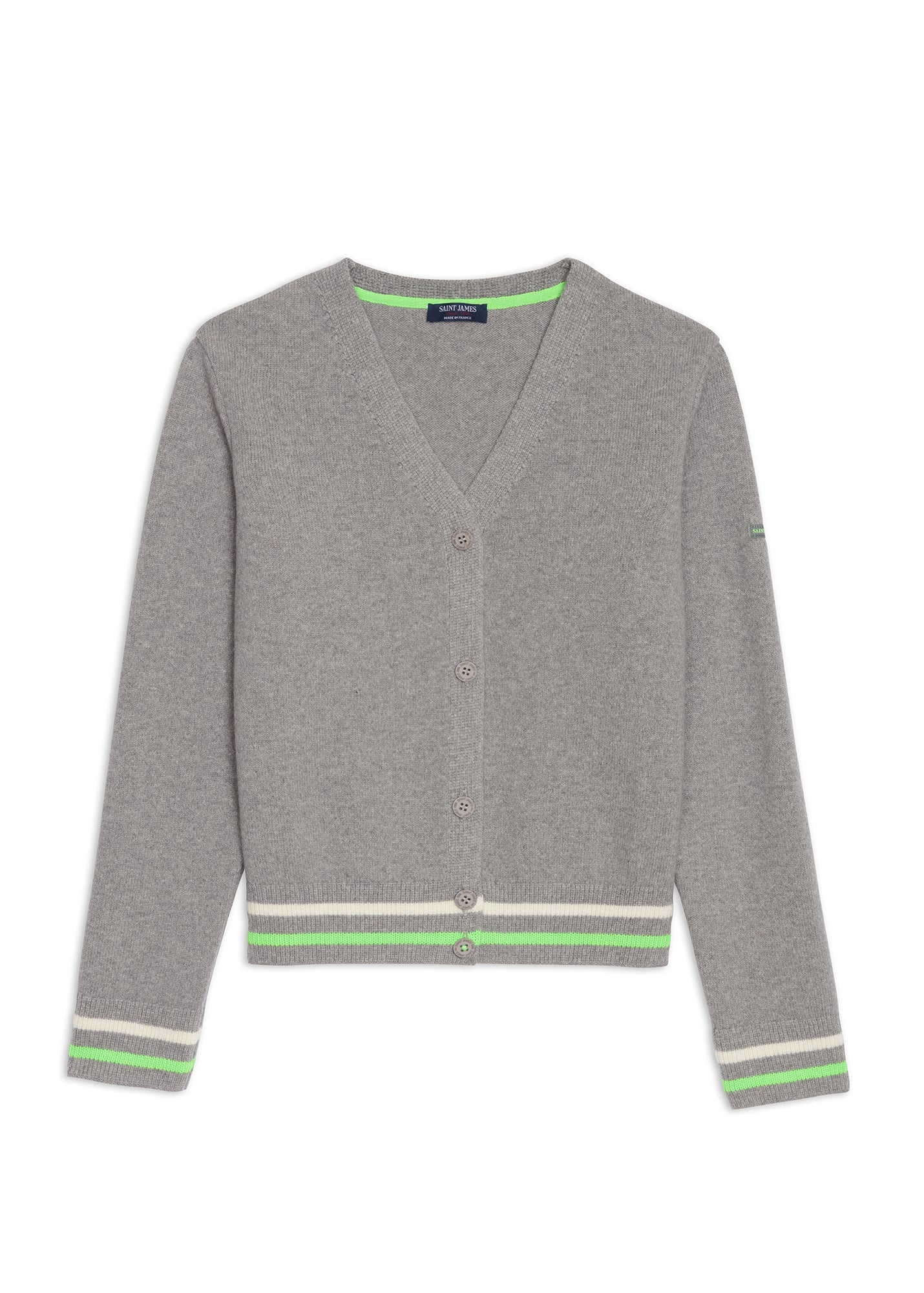 Saint James ANNECY - Wool Cardigan for Women (GRAY / NEON GREEN / IVORY)