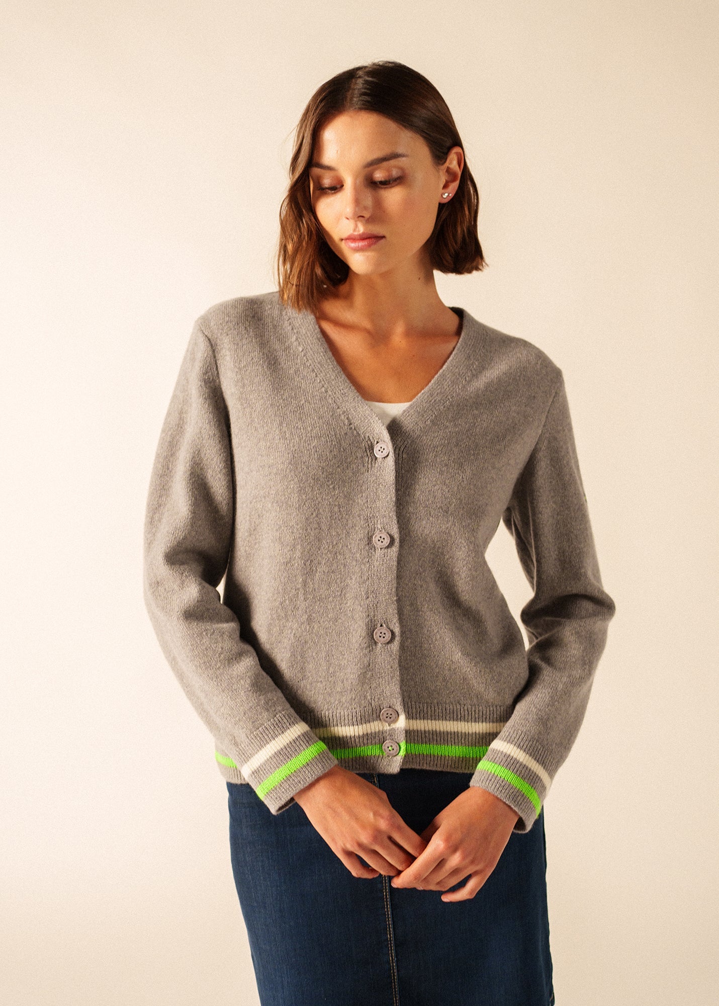 Saint James ANNECY - Wool Cardigan for Women (GRAY / NEON GREEN / IVORY)