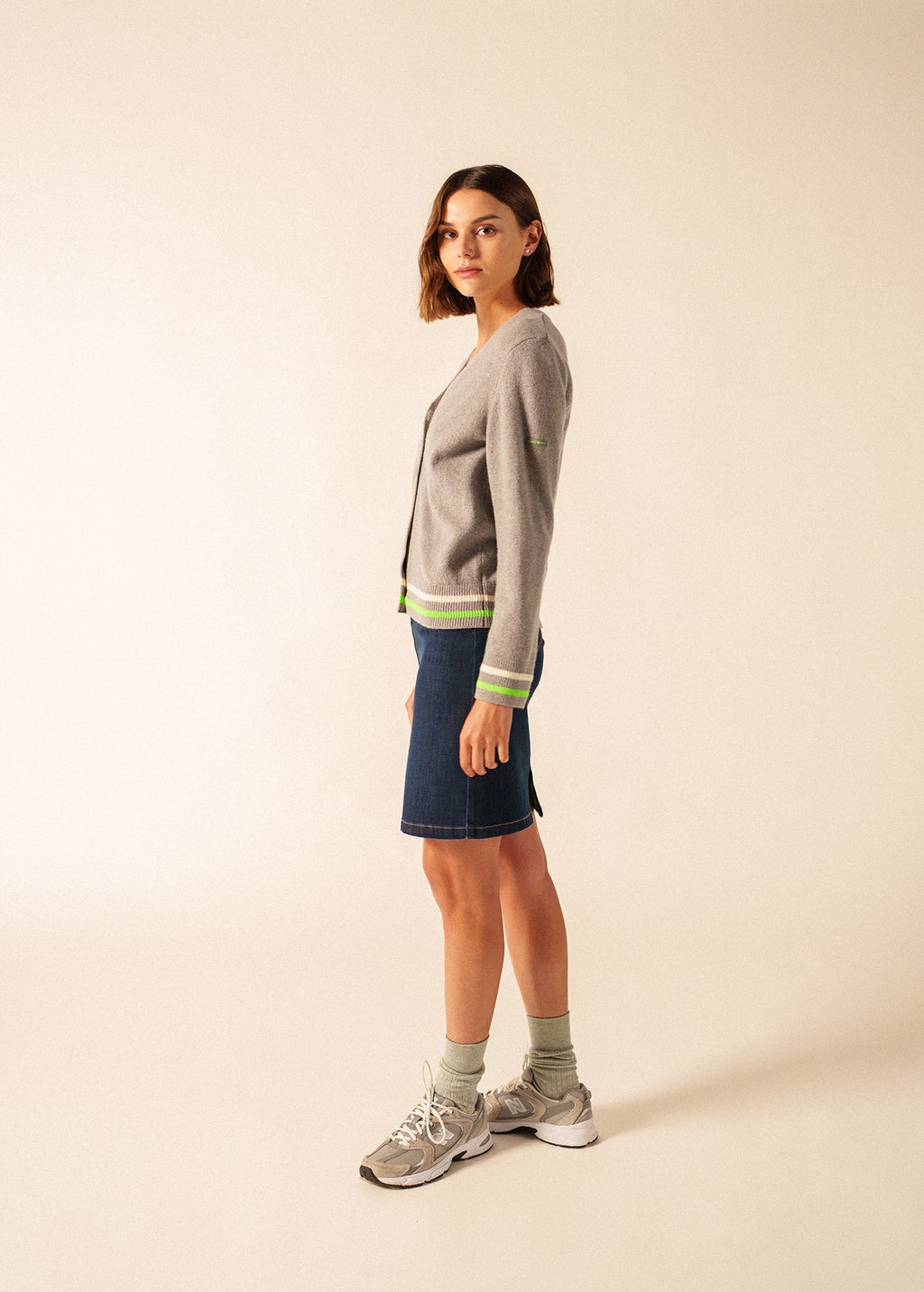 Saint James ANNECY - Wool Cardigan for Women (GRAY / NEON GREEN / IVORY)