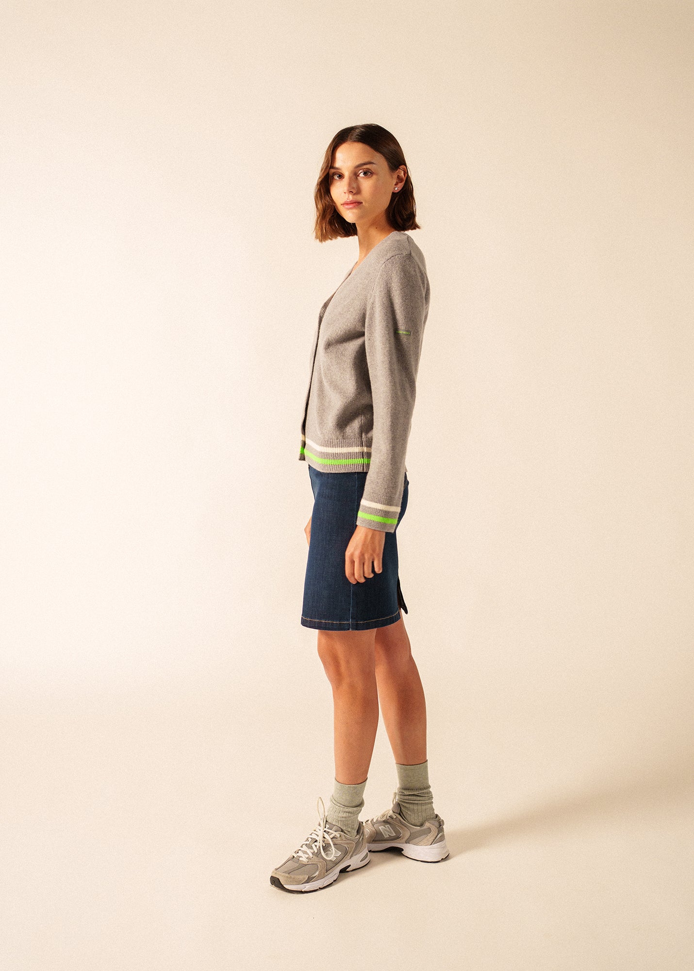 Saint James ANNECY - Wool Cardigan for Women (GRAY / NEON GREEN / IVORY)