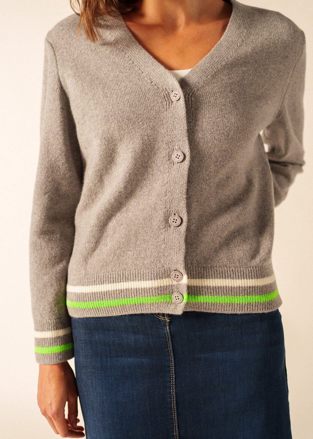 Saint James ANNECY - Wool Cardigan for Women (GRAY / NEON GREEN / IVORY)