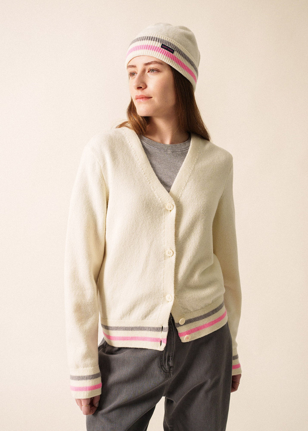 Saint James ANNECY - Wool Cardigan for Women (IVORY / BRIGHT PINK / GRAY)