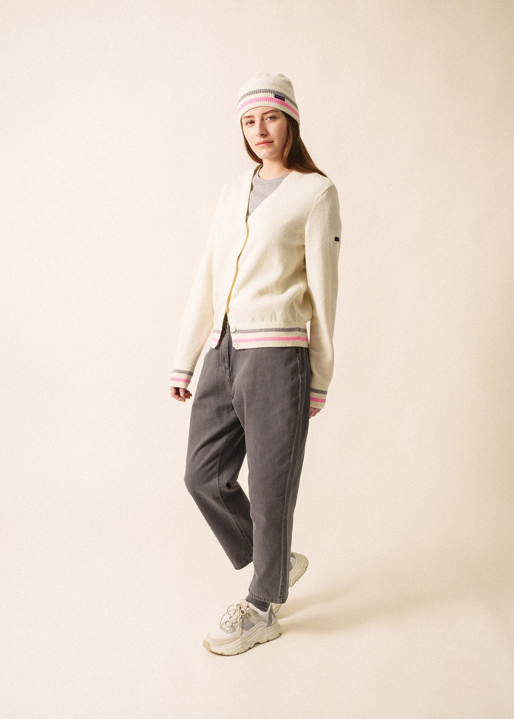 Saint James ANNECY - Wool Cardigan for Women (IVORY / BRIGHT PINK / GRAY)
