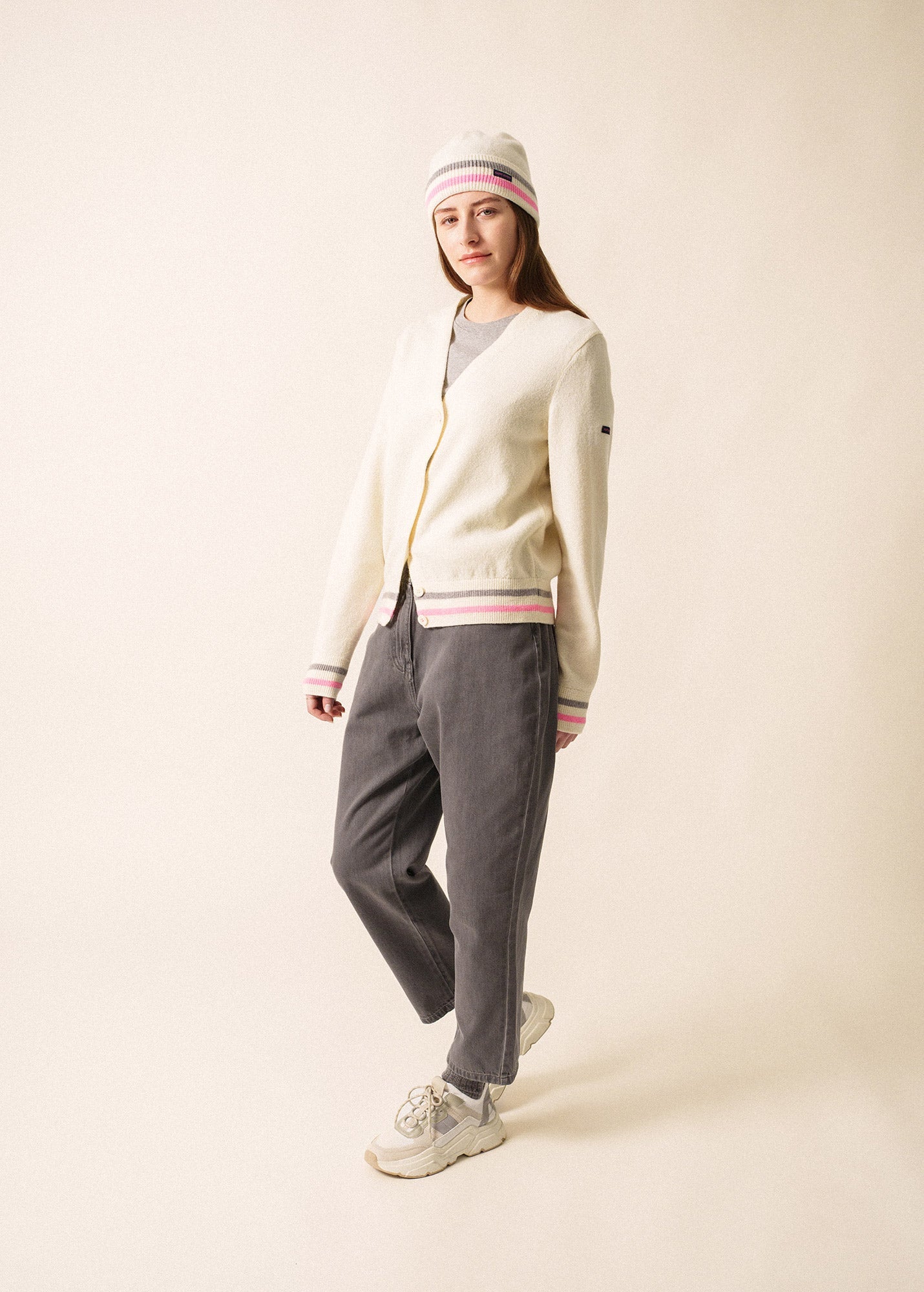 Saint James ANNECY - Wool Cardigan for Women (IVORY / BRIGHT PINK / GRAY)