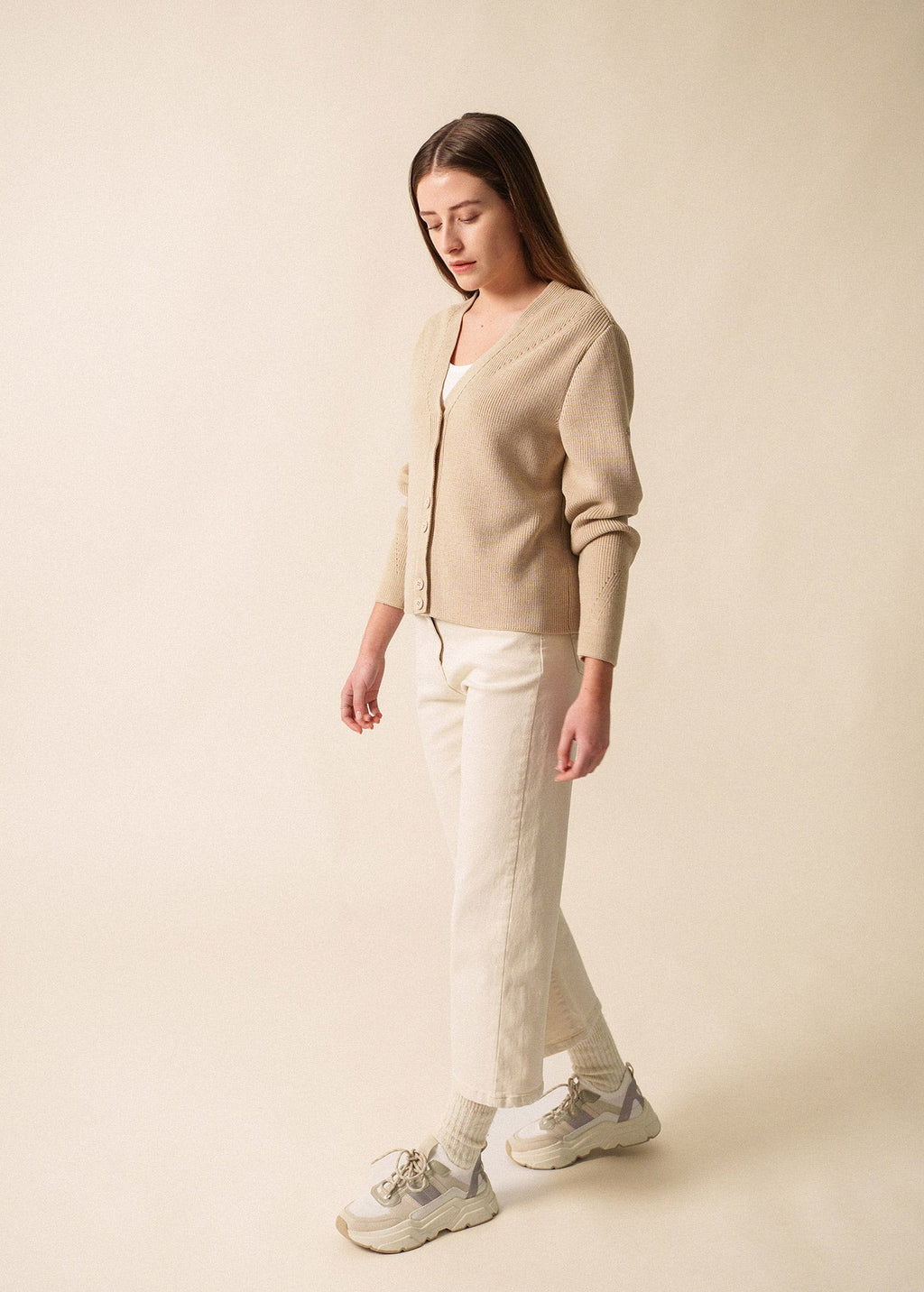 Saint James AOSTE - V-Neck Purl Knit Cardigan for Women (BEIGE)