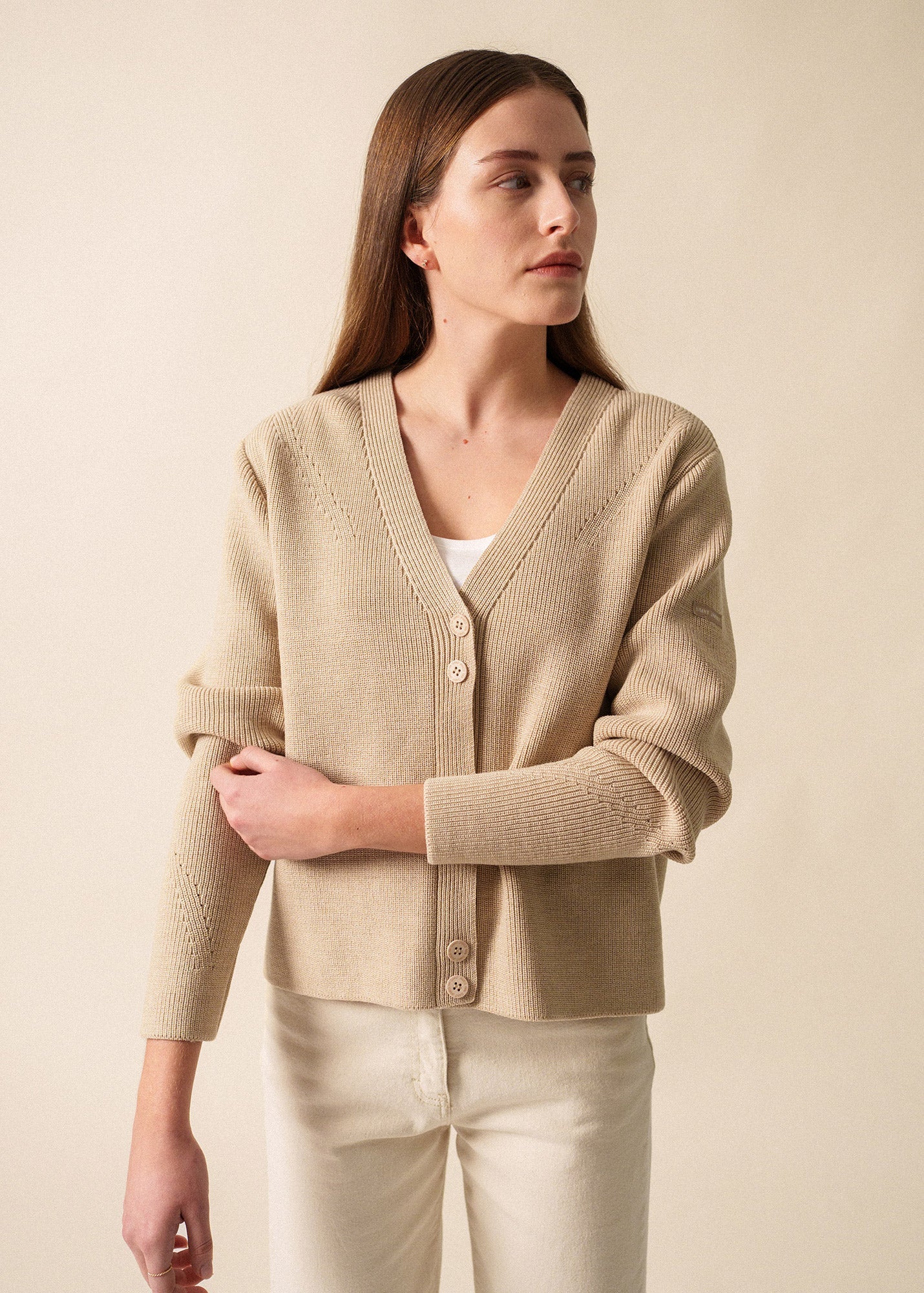 Saint James AOSTE - V-Neck Purl Knit Cardigan for Women (BEIGE)
