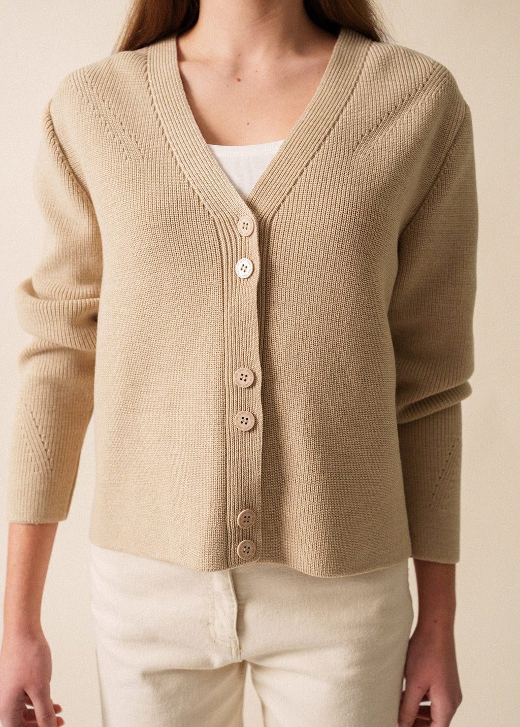 Saint James AOSTE - V-Neck Purl Knit Cardigan for Women (BEIGE)