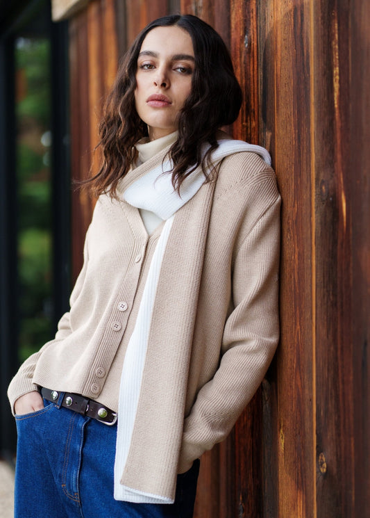AOSTE - V-Neck Purl Knit Cardigan for Women (BEIGE)
