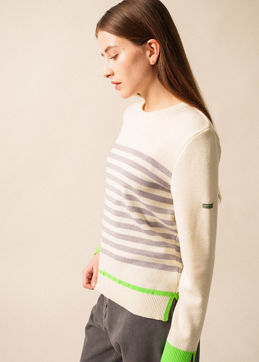 Saint James EVIAN - Striped Wool-Blend Sweater with Side Slits (WHITE / PEARL MELANGE / NEON GREEN)