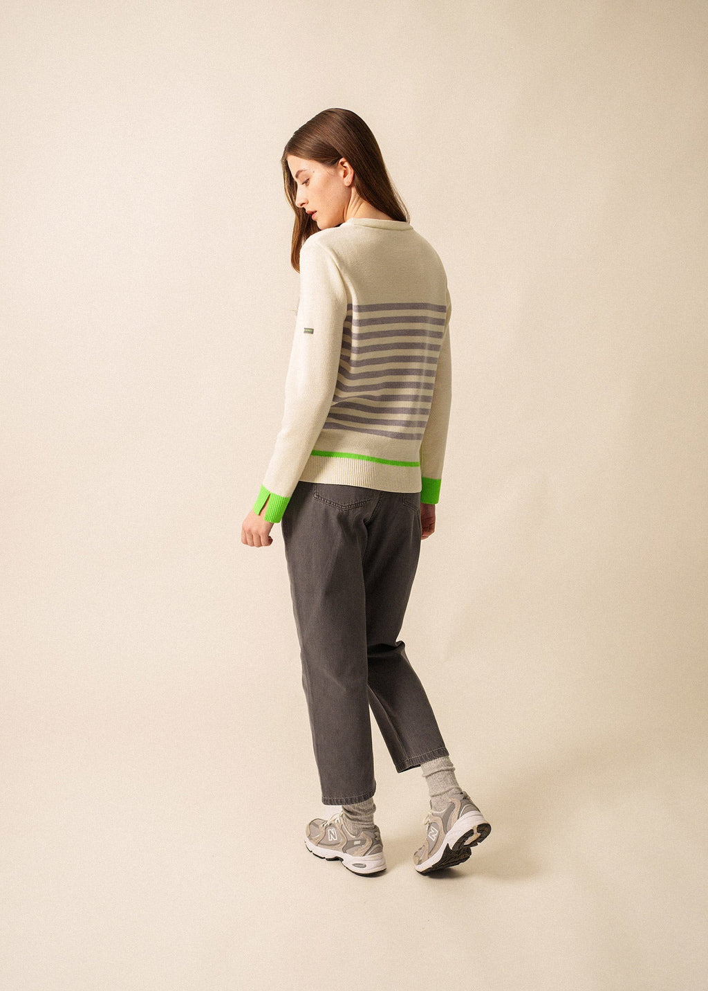 Saint James EVIAN - Striped Wool-Blend Sweater with Side Slits (WHITE / PEARL MELANGE / NEON GREEN)