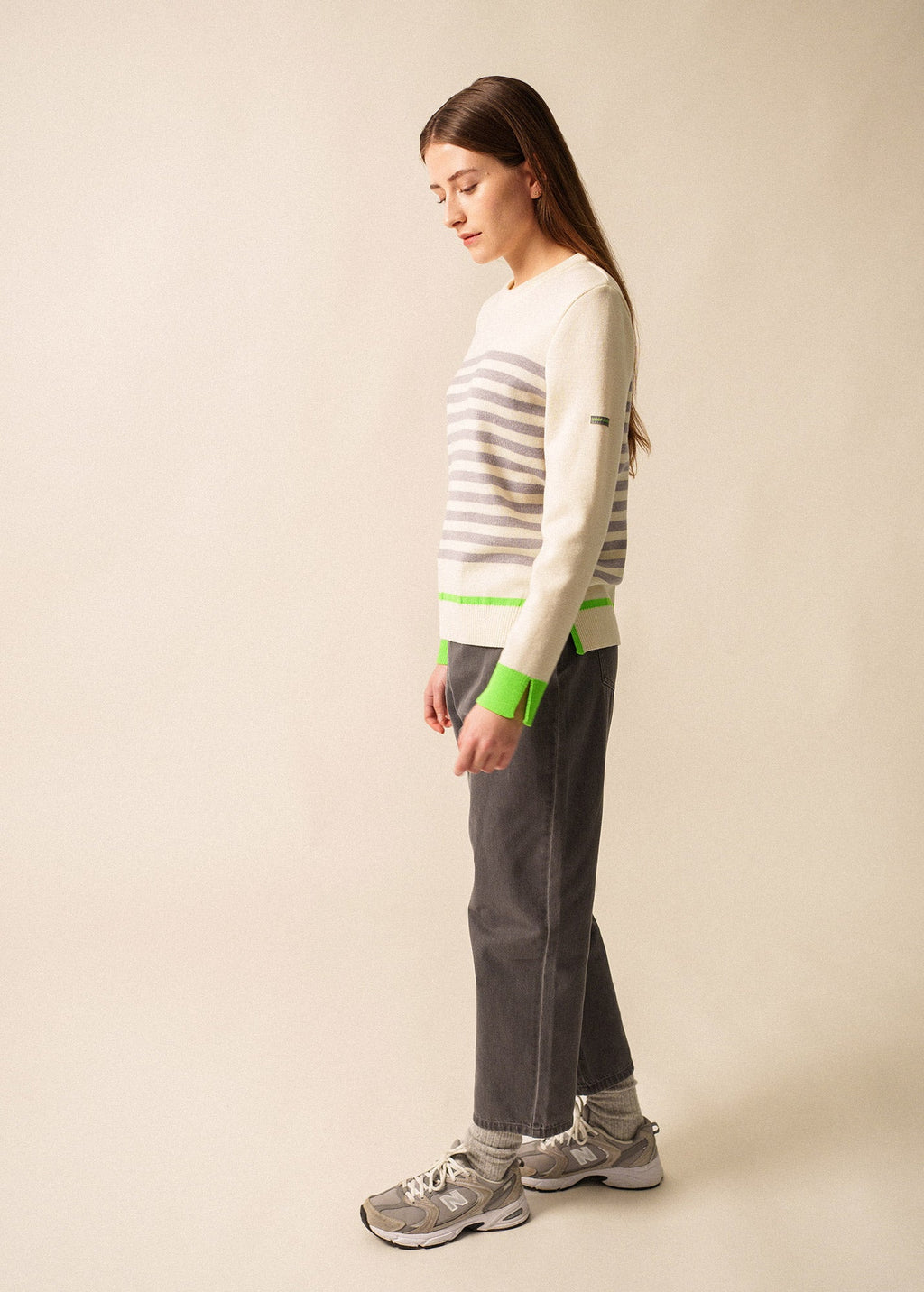 Saint James EVIAN - Striped Wool-Blend Sweater with Side Slits (WHITE / PEARL MELANGE / NEON GREEN)