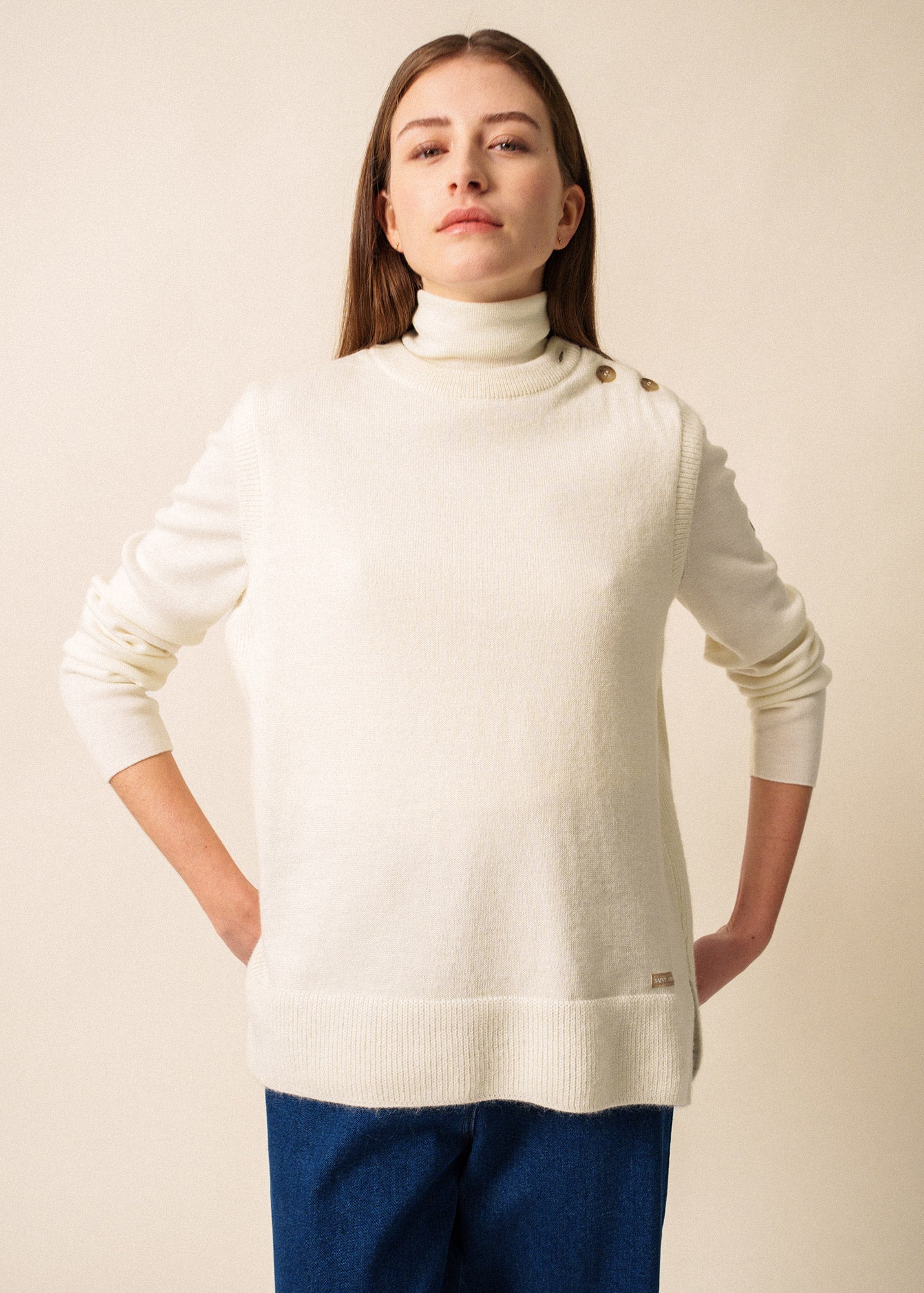 Saint James LA CLUSAZ - Buttoned Shoulder Side-Slit Vest | Soft Mohair Blend (WINTER WHITE)