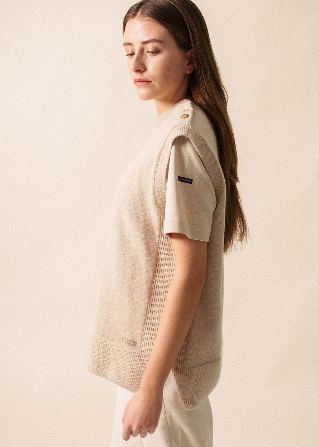 Saint James LA CLUSAZ - Buttoned Shoulder Side-Slit Vest | Soft Mohair Blend (BEIGE)