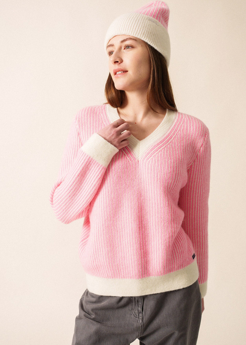 Saint James COURCHEVEL - Striped Mohair Sweater for Women (WINTER WHITE / BRIGHT PINK)