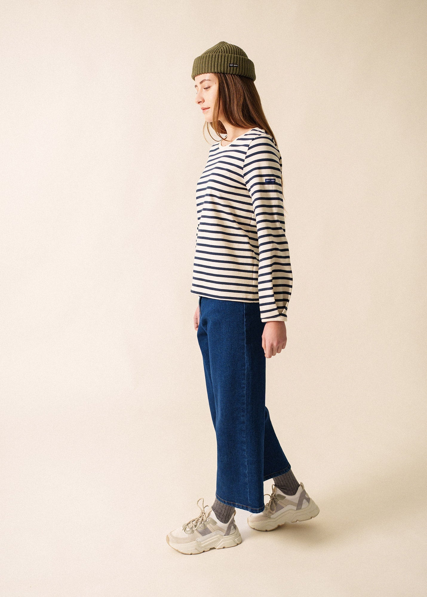Saint James YVOIRE - Balloon Sleeve Striped Top in Textured Cotton (ECRU / NAVY)