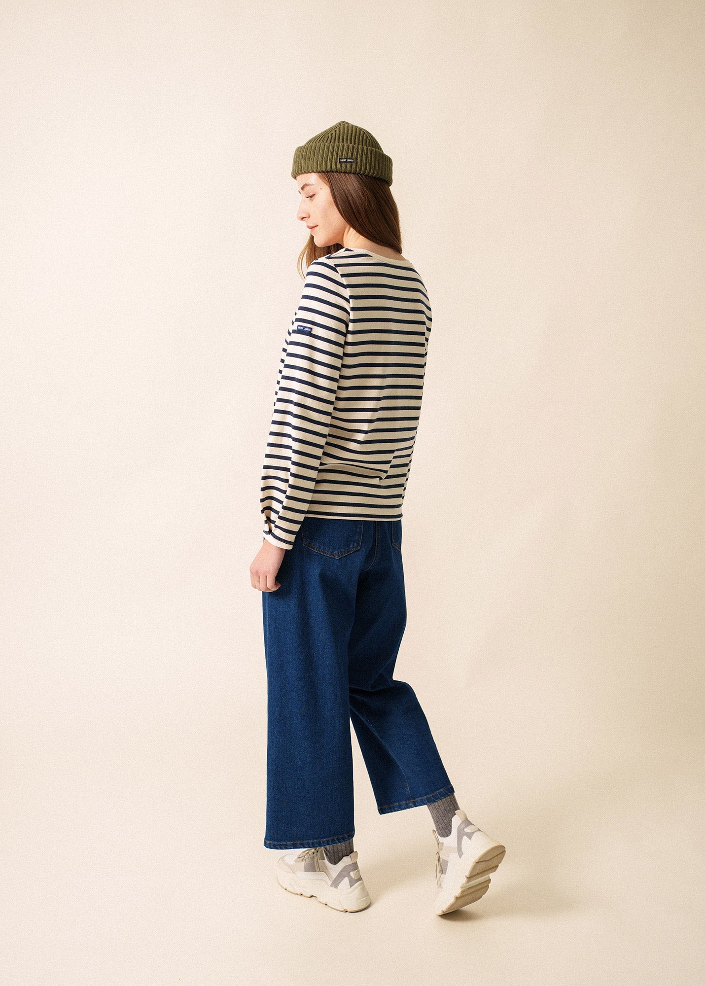 Saint James YVOIRE - Balloon Sleeve Striped Top in Textured Cotton (ECRU / NAVY)