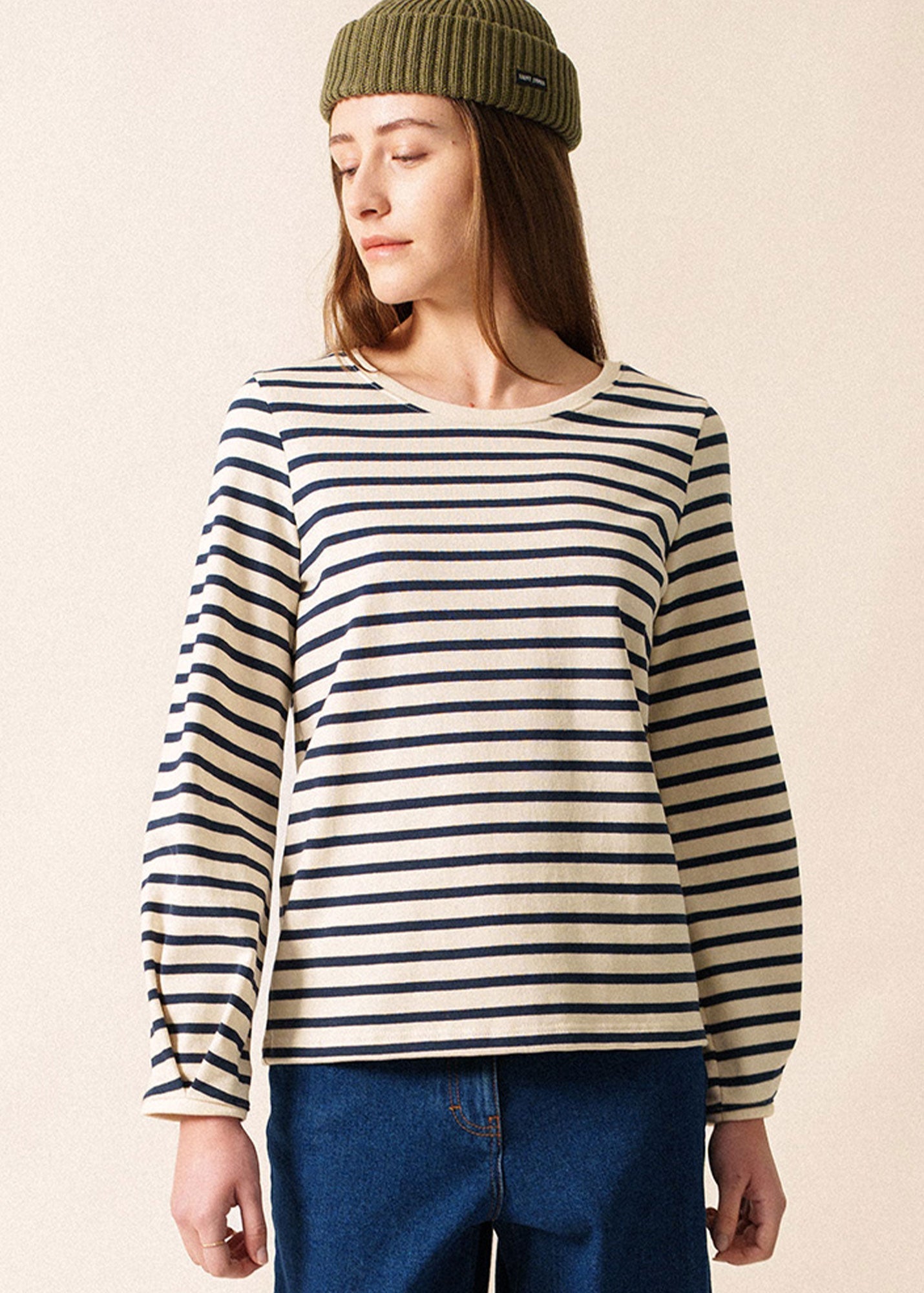 Saint James YVOIRE - Balloon Sleeve Striped Top in Textured Cotton (ECRU / NAVY)