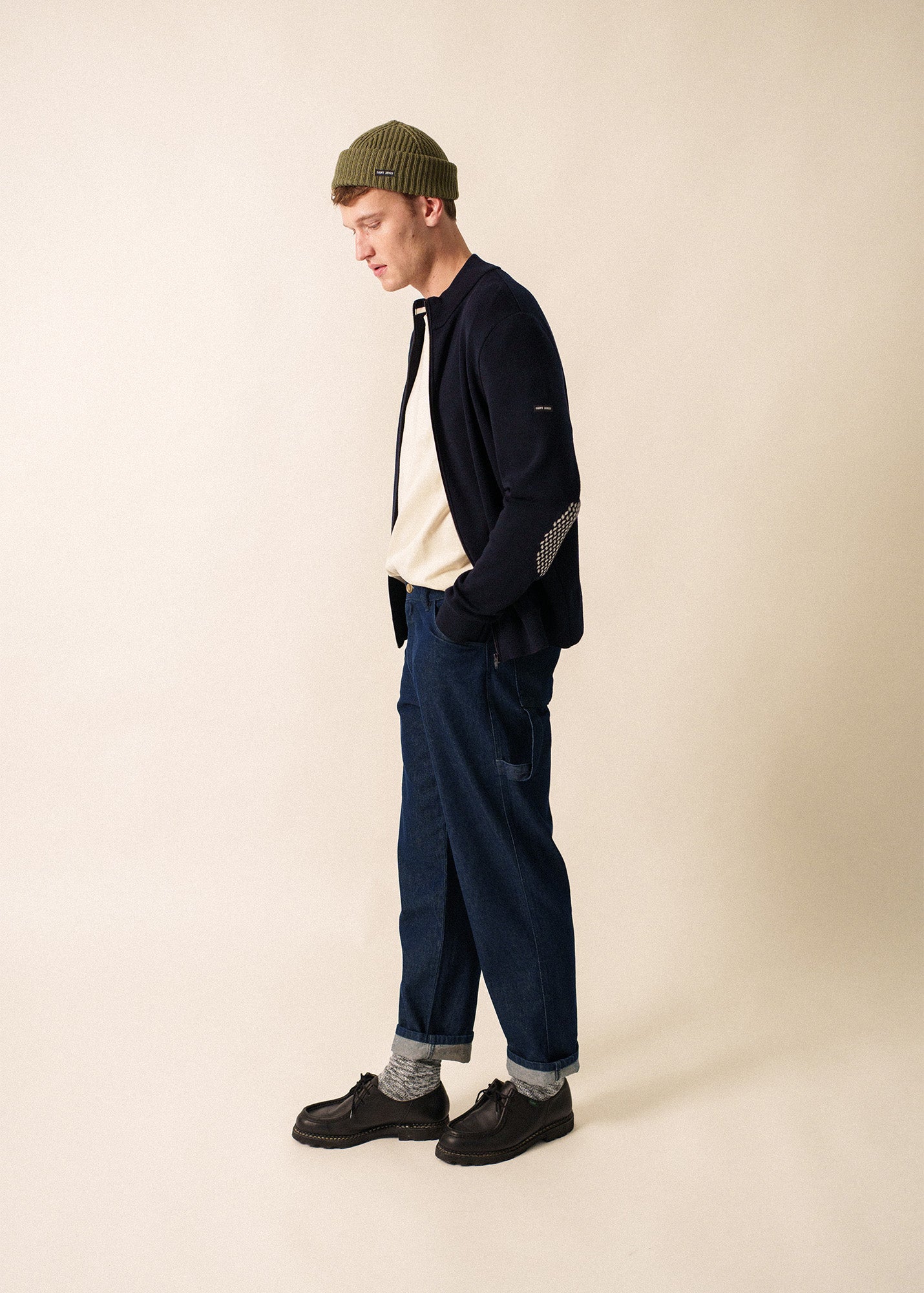 Saint James EQUIPAGE - Zip-Up Wool Cardigan with Elbow Accents (NAVY)