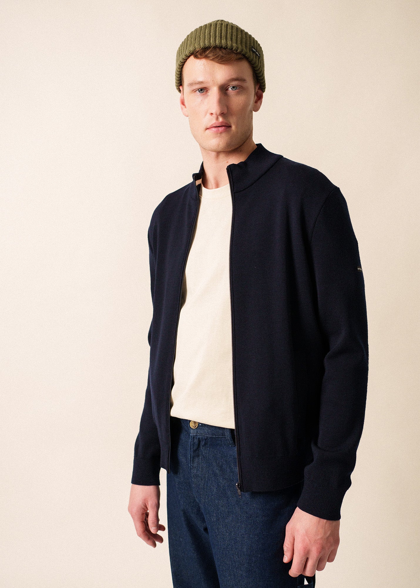 Saint James EQUIPAGE - Zip-Up Wool Cardigan with Elbow Accents (NAVY)