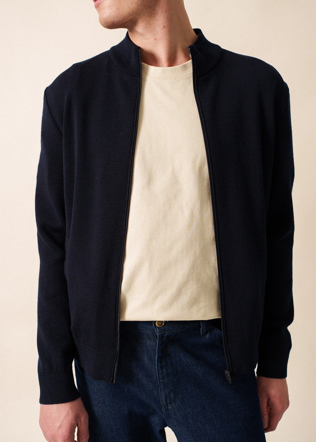 Saint James EQUIPAGE - Zip-Up Wool Cardigan with Elbow Accents (NAVY)