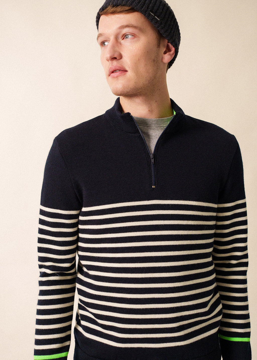 Saint James VAL THORENS - Striped Wool Zip-Neck Sweater for Men (NAVY / ECRU /NEON GREEN)