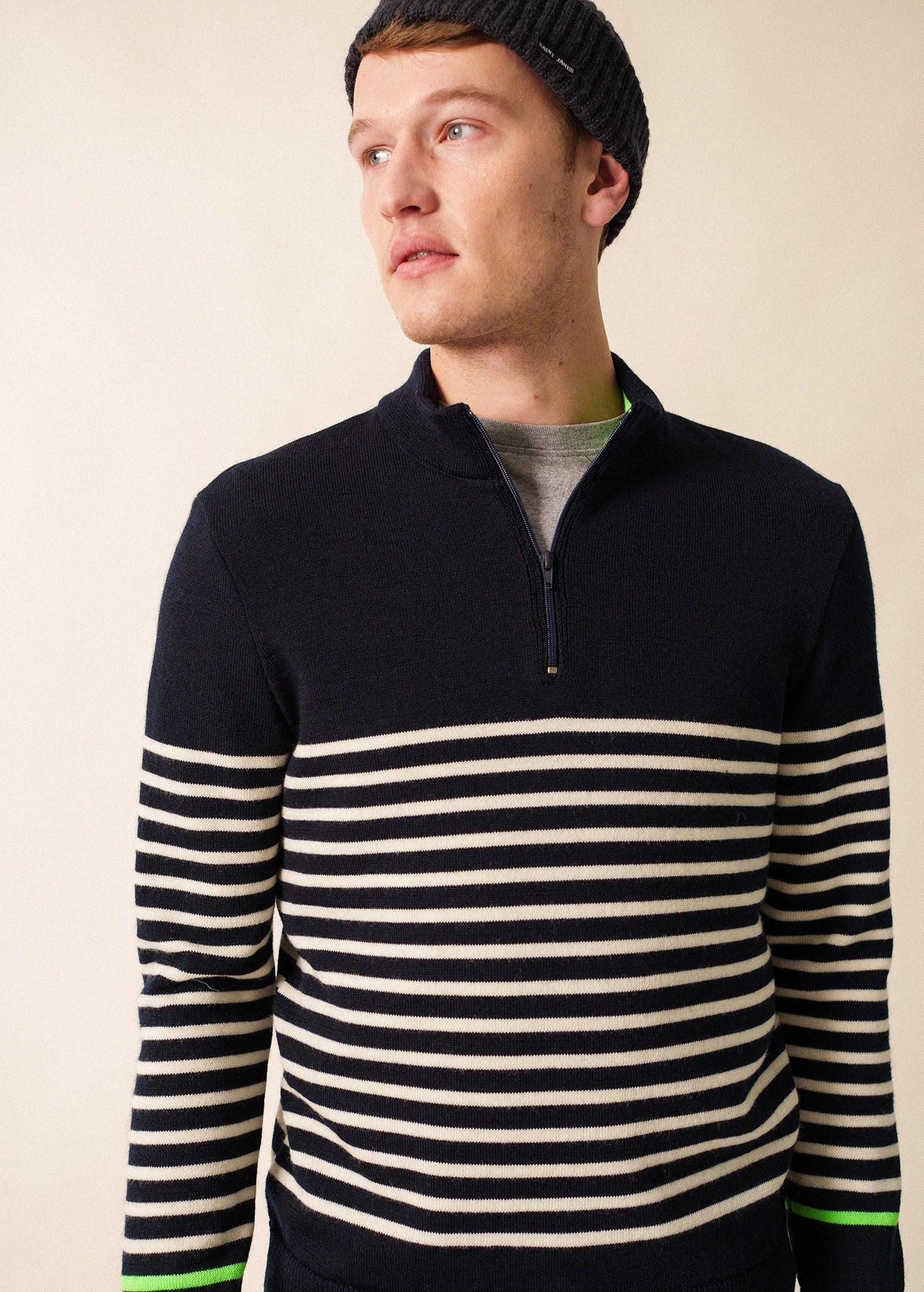 Saint James VAL THORENS - Striped Wool Zip-Neck Sweater for Men (NAVY / ECRU /NEON GREEN)
