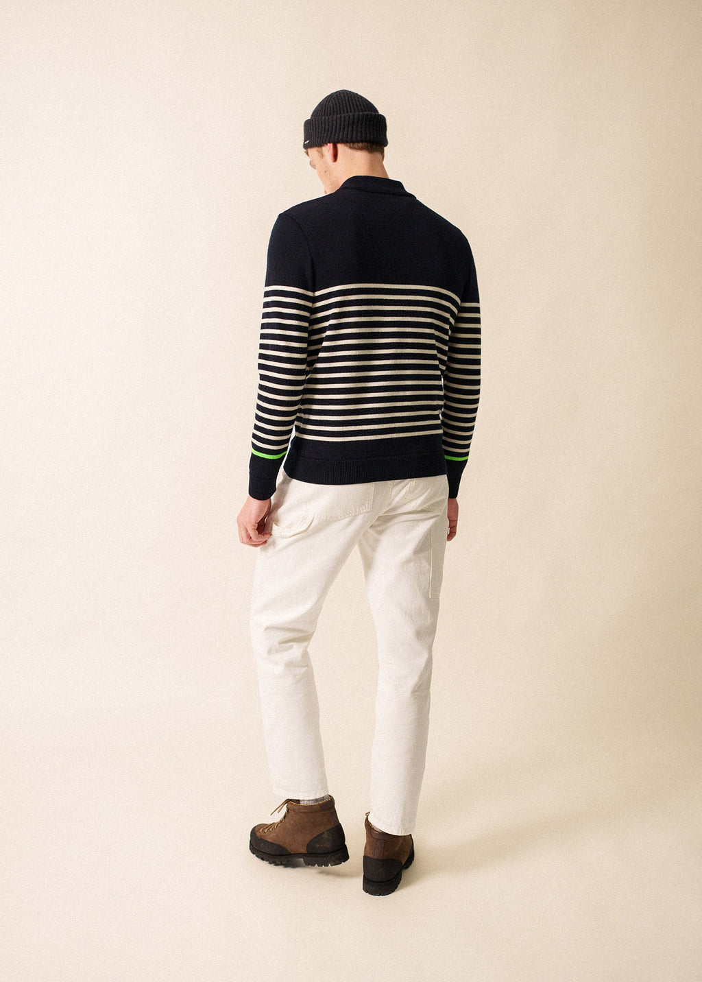 Saint James VAL THORENS - Striped Wool Zip-Neck Sweater for Men (NAVY / ECRU /NEON GREEN)