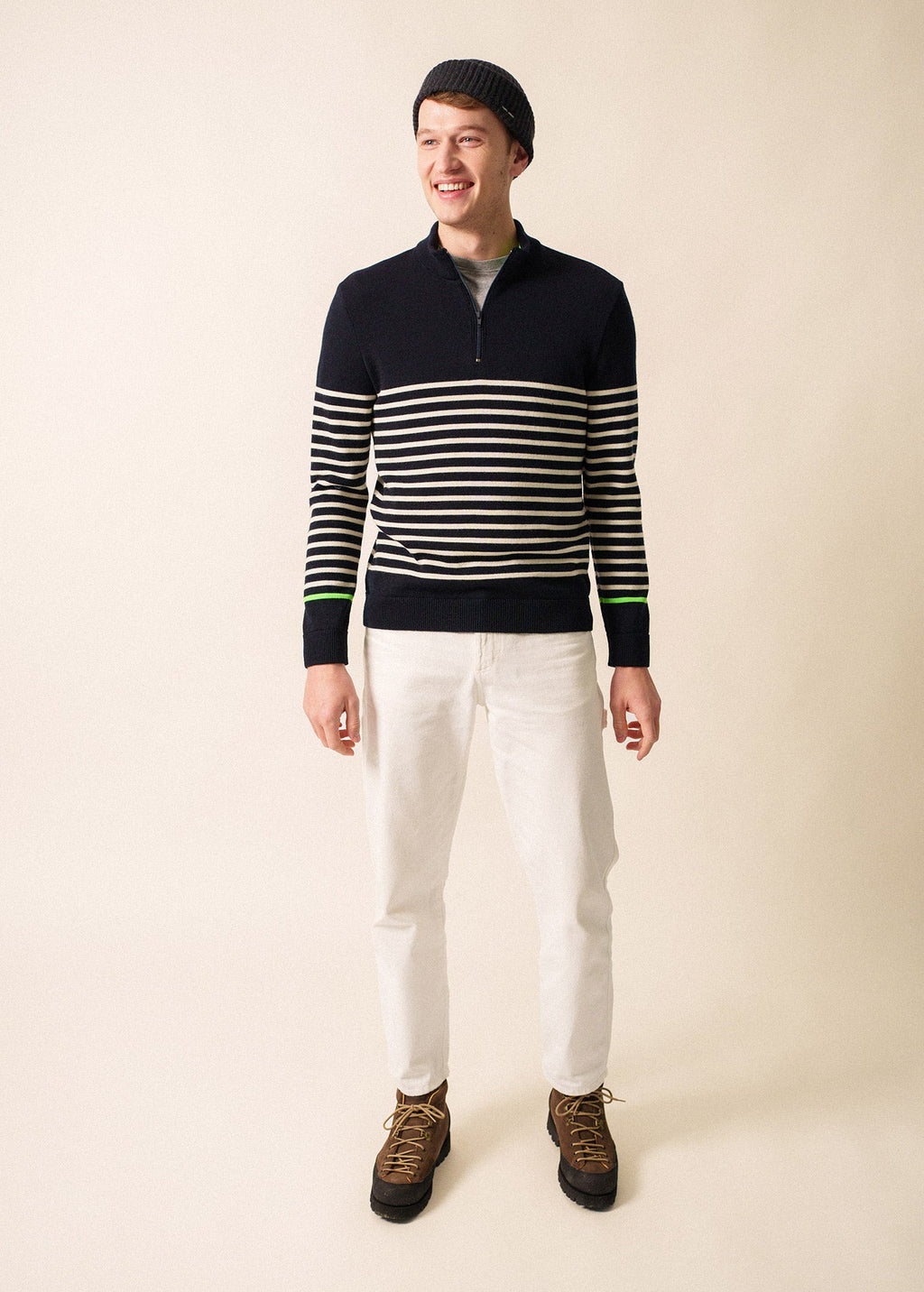 Saint James VAL THORENS - Striped Wool Zip-Neck Sweater for Men (NAVY / ECRU /NEON GREEN)