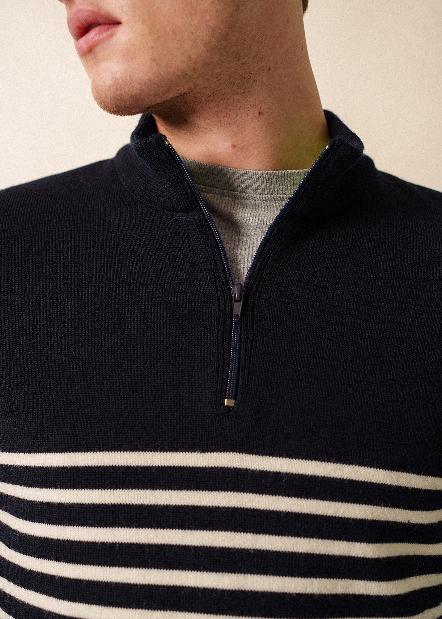 Saint James VAL THORENS - Striped Wool Zip-Neck Sweater for Men (NAVY / ECRU /NEON GREEN)