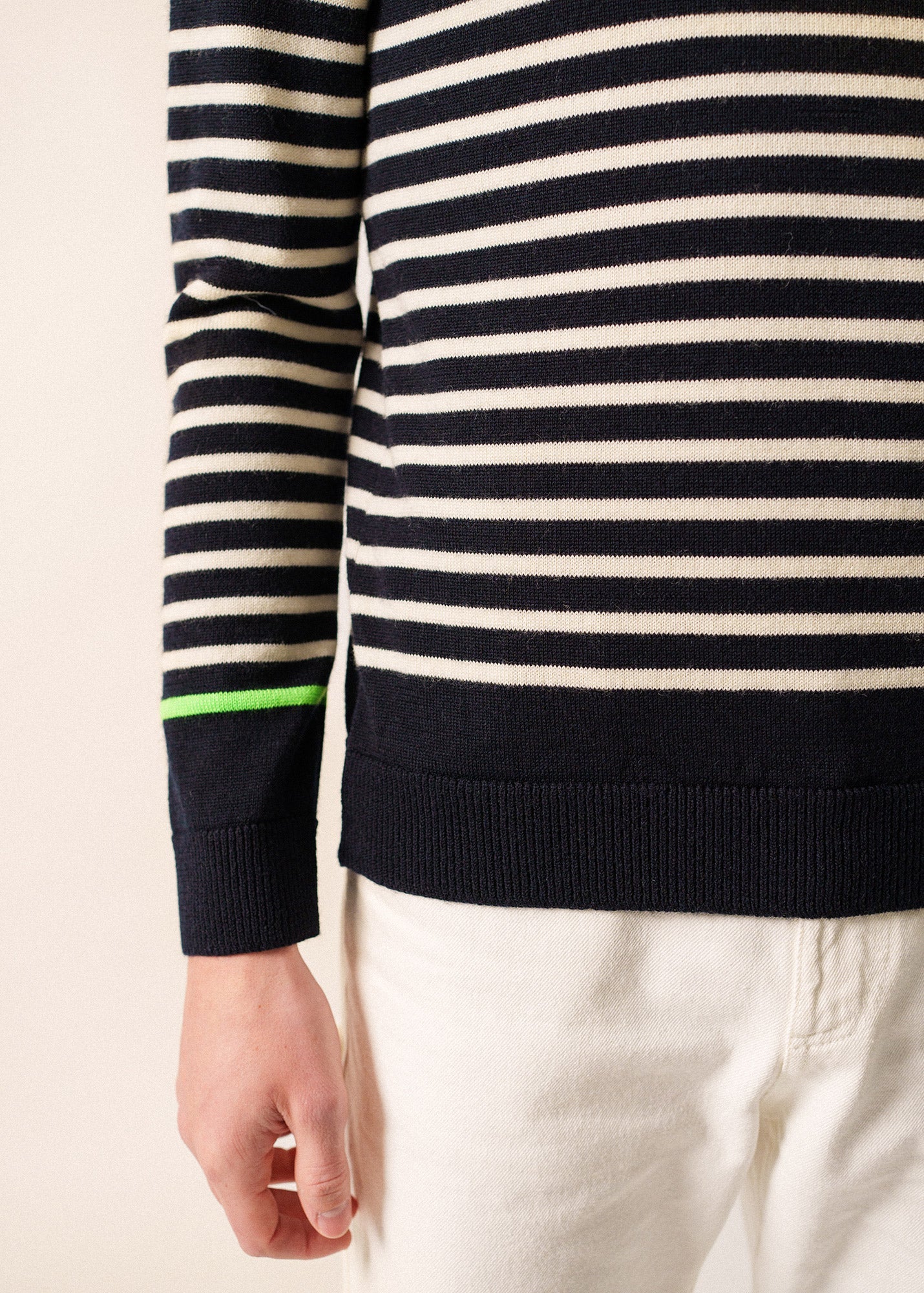 Saint James VAL THORENS - Striped Wool Zip-Neck Sweater for Men (NAVY / ECRU /NEON GREEN)