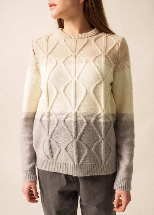 MORZINE - Colorblock Sweater with Mohair & Cable Detail (GRAY/ WINTER WHITE /BEIGE)