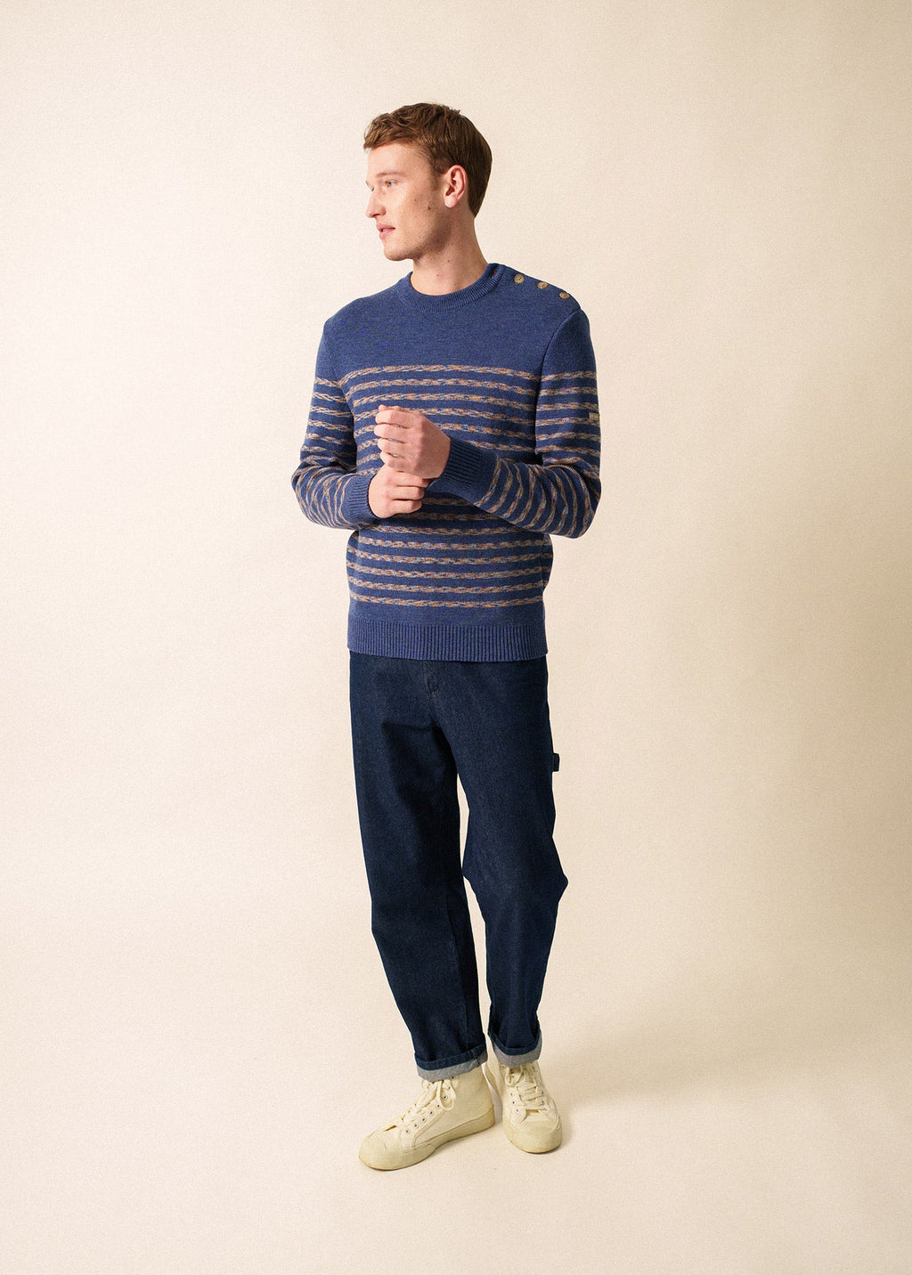 Saint James BINIC WEST - Authentic Striped Wool Sailor Sweater with Shoulder Buttons (DENIM BLUE / MULTICOLORED STRIPES)