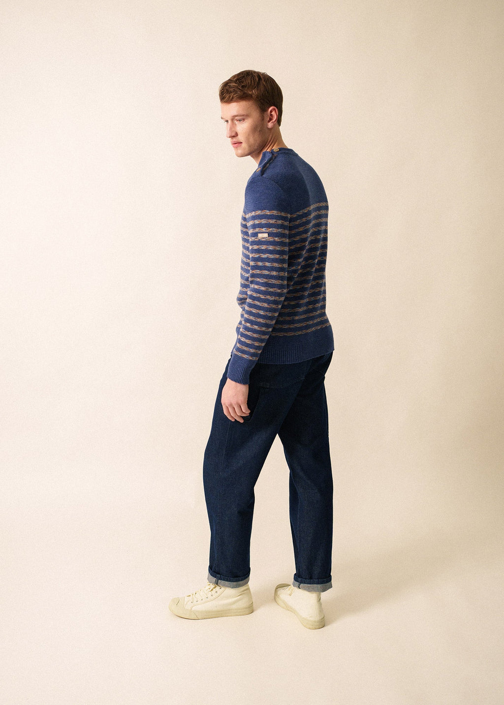 Saint James BINIC WEST - Authentic Striped Wool Sailor Sweater with Shoulder Buttons (DENIM BLUE / MULTICOLORED STRIPES)