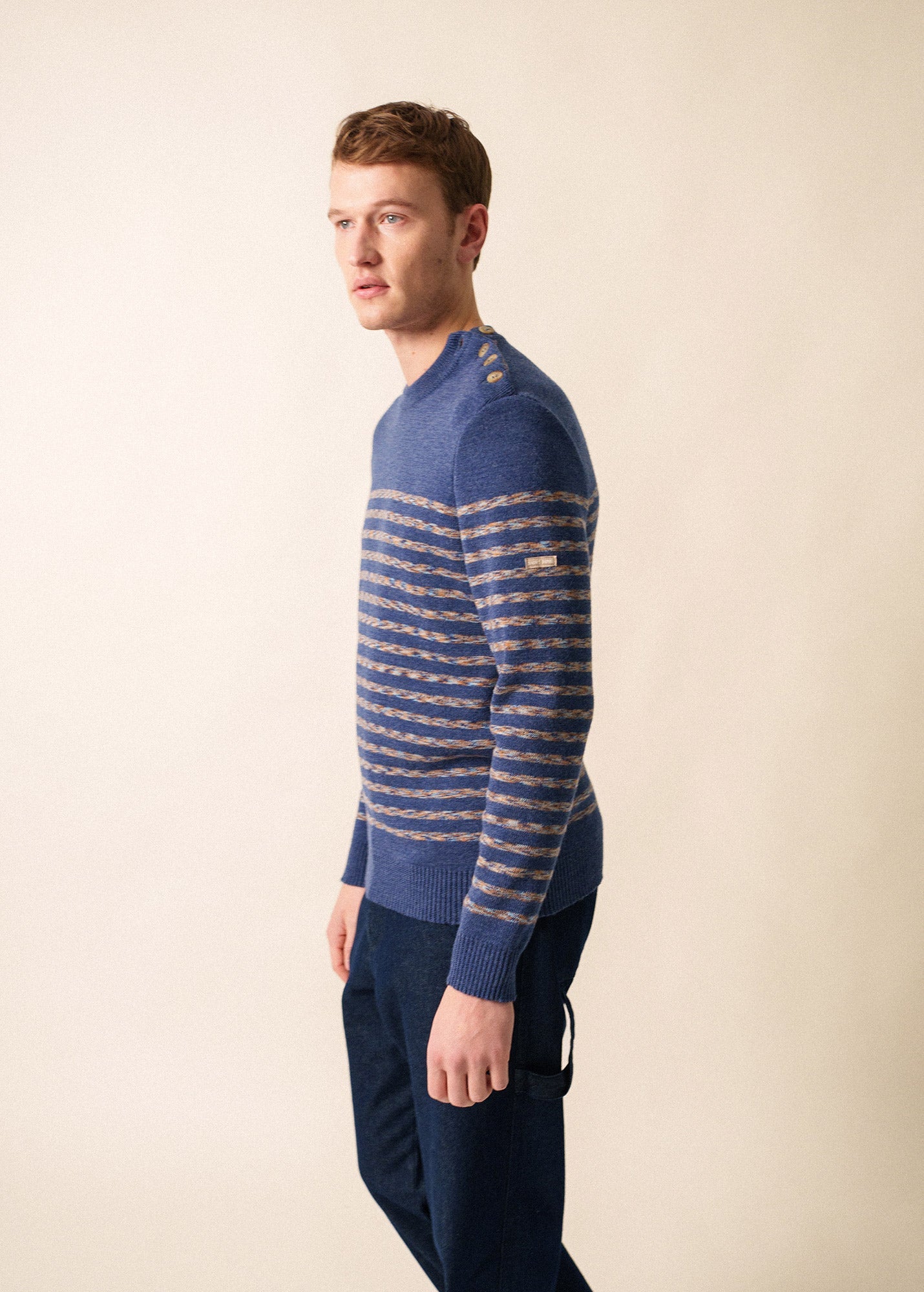 Saint James BINIC WEST - Authentic Striped Wool Sailor Sweater with Shoulder Buttons (DENIM BLUE / MULTICOLORED STRIPES)
