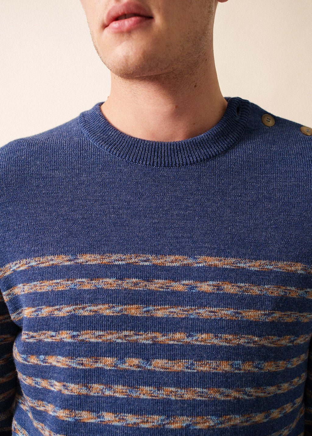 Saint James BINIC WEST - Authentic Striped Wool Sailor Sweater with Shoulder Buttons (DENIM BLUE / MULTICOLORED STRIPES)