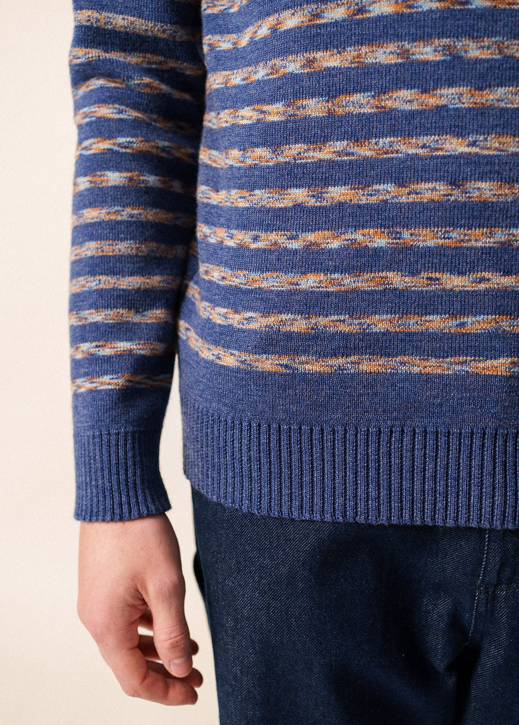 Saint James BINIC WEST - Authentic Striped Wool Sailor Sweater with Shoulder Buttons (DENIM BLUE / MULTICOLORED STRIPES)