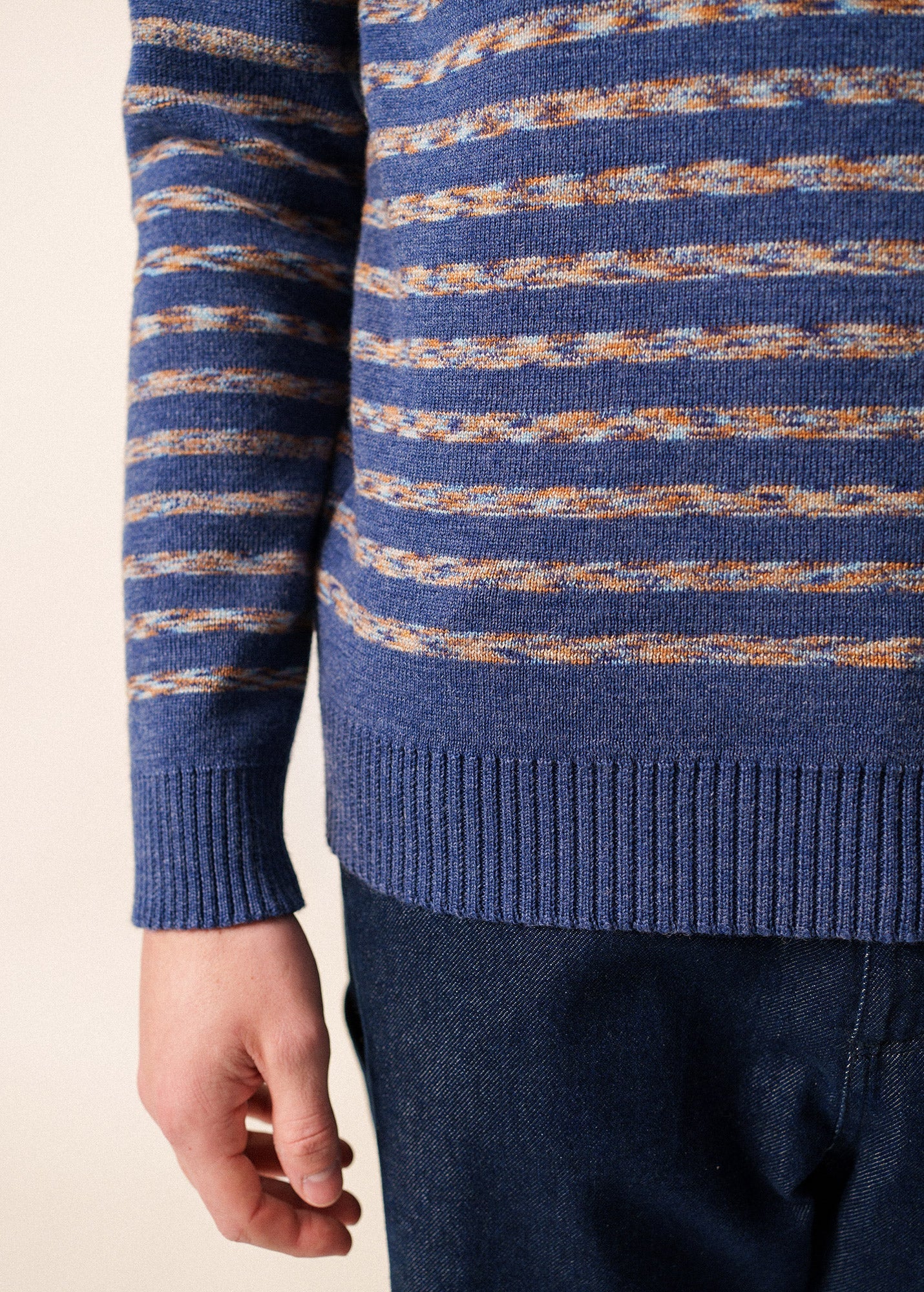 Saint James BINIC WEST - Authentic Striped Wool Sailor Sweater with Shoulder Buttons (DENIM BLUE / MULTICOLORED STRIPES)