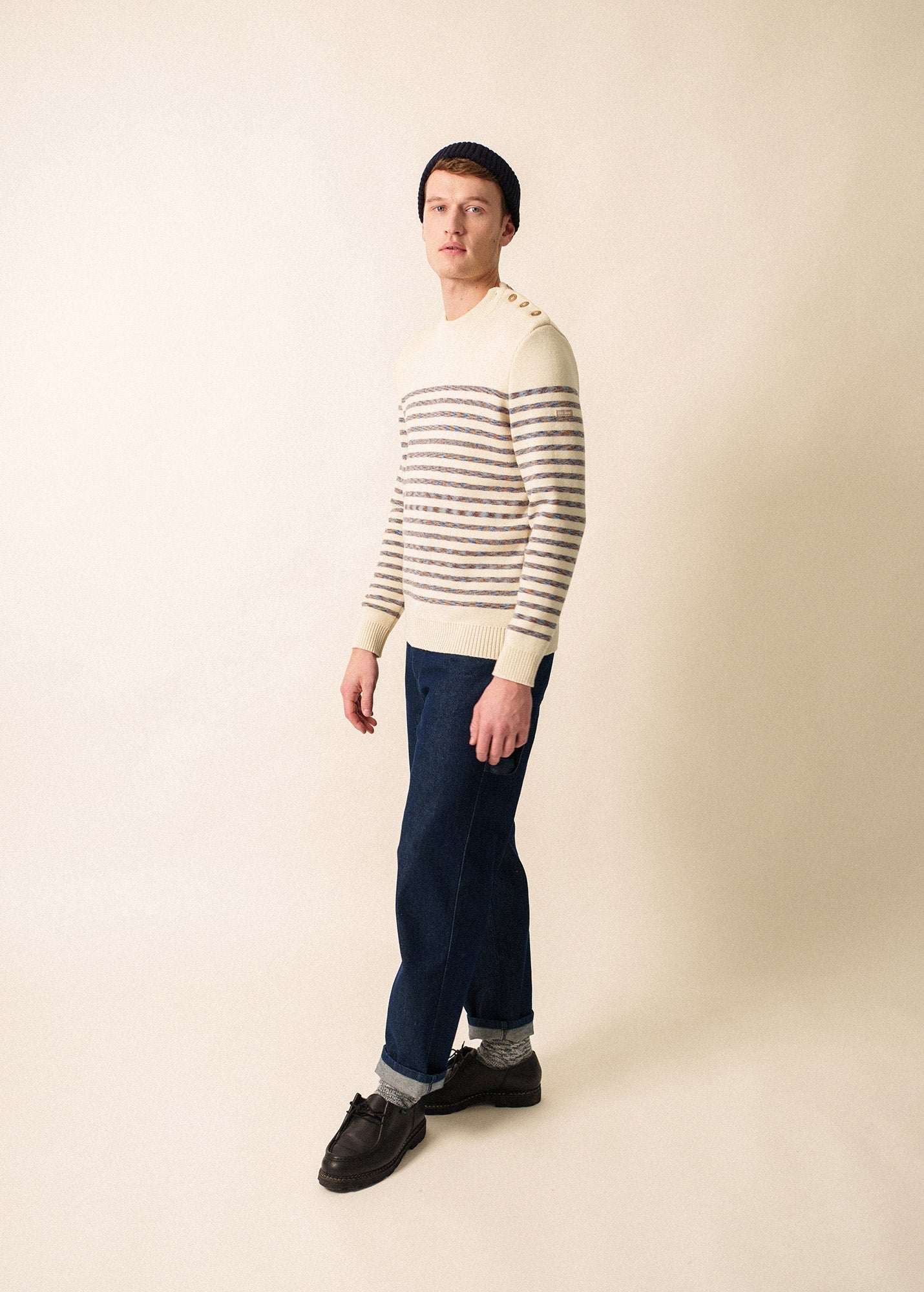 Saint James BINIC WEST - Authentic Striped Wool Sailor Sweater with Shoulder Buttons (ECRU / MULTICOLORED STRIPES)