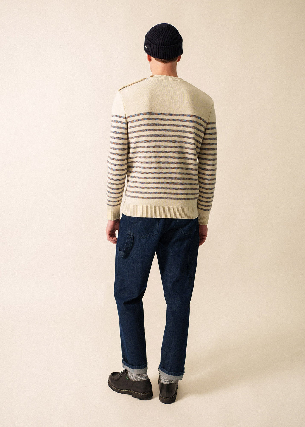 Saint James BINIC WEST - Authentic Striped Wool Sailor Sweater with Shoulder Buttons (ECRU / MULTICOLORED STRIPES)
