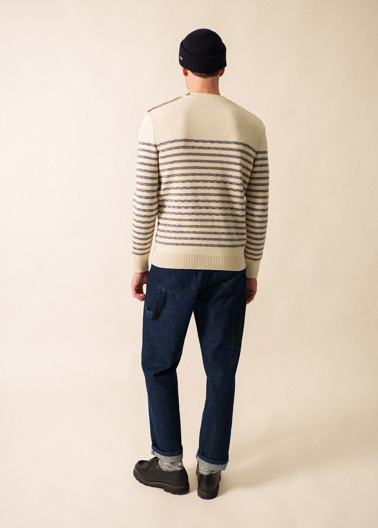 Saint James BINIC WEST - Authentic Striped Wool Sailor Sweater with Shoulder Buttons (ECRU / MULTICOLORED STRIPES)