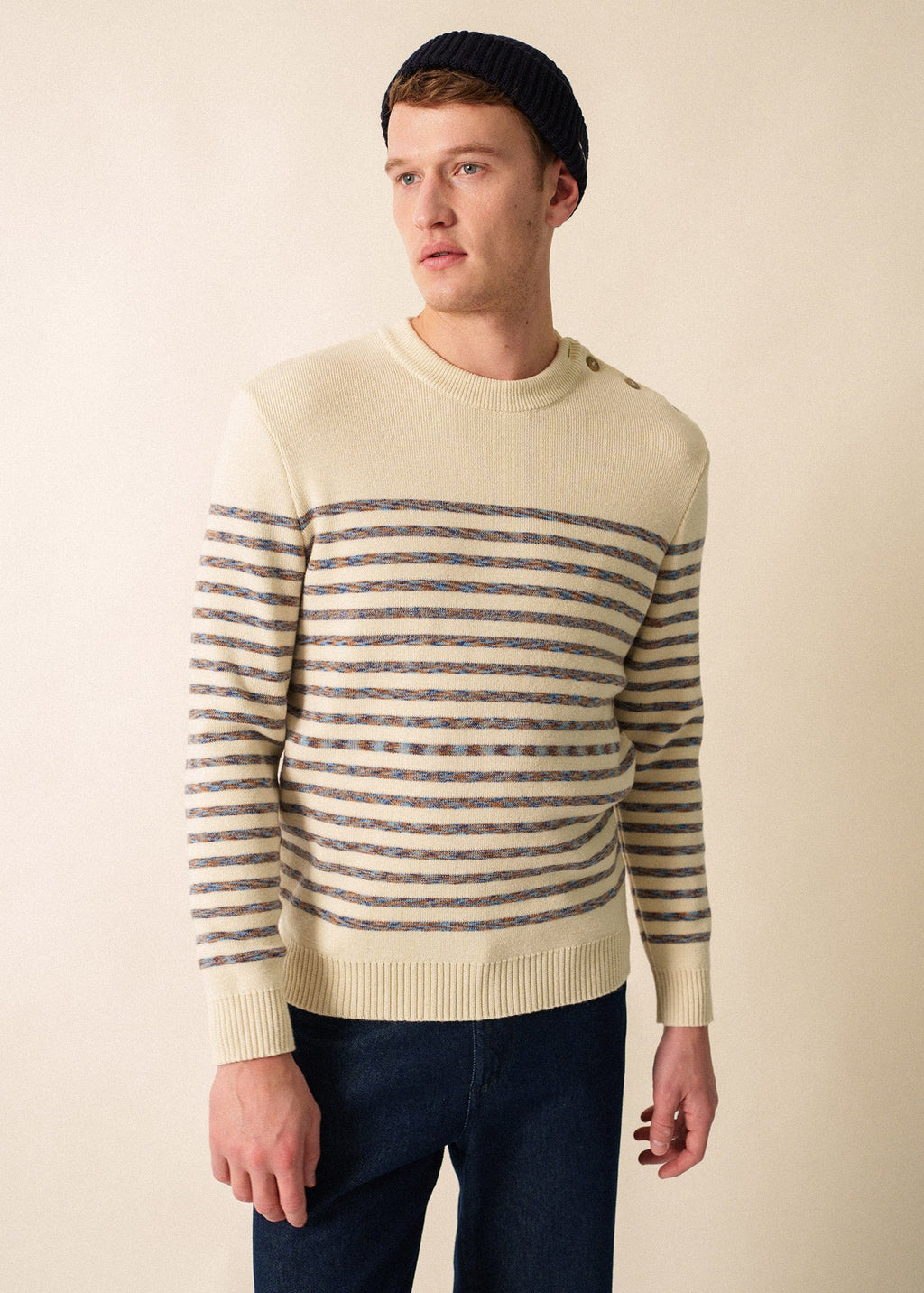 Saint James BINIC WEST - Authentic Striped Wool Sailor Sweater with Shoulder Buttons (ECRU / MULTICOLORED STRIPES)