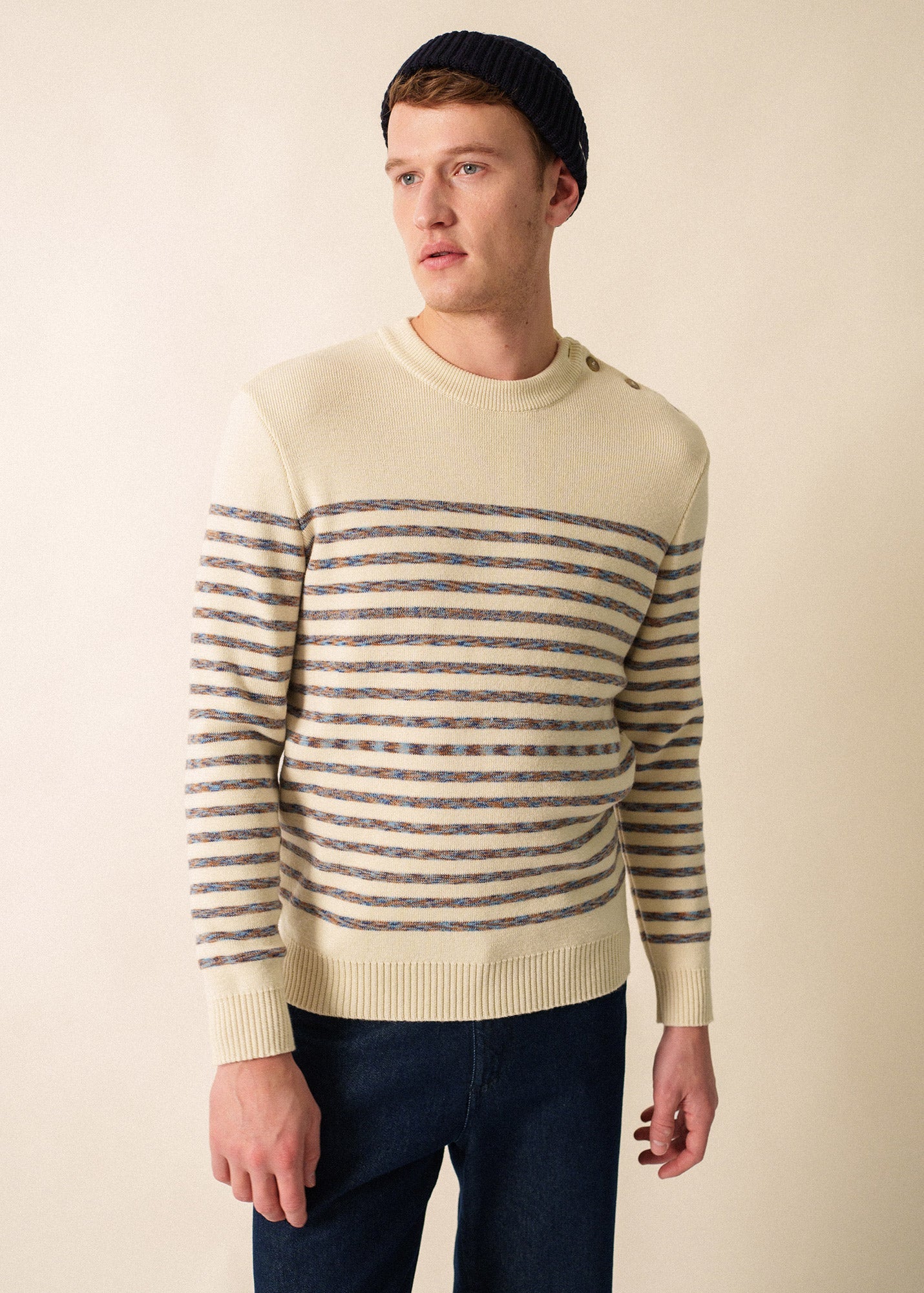 Saint James BINIC WEST - Authentic Striped Wool Sailor Sweater with Shoulder Buttons (ECRU / MULTICOLORED STRIPES)