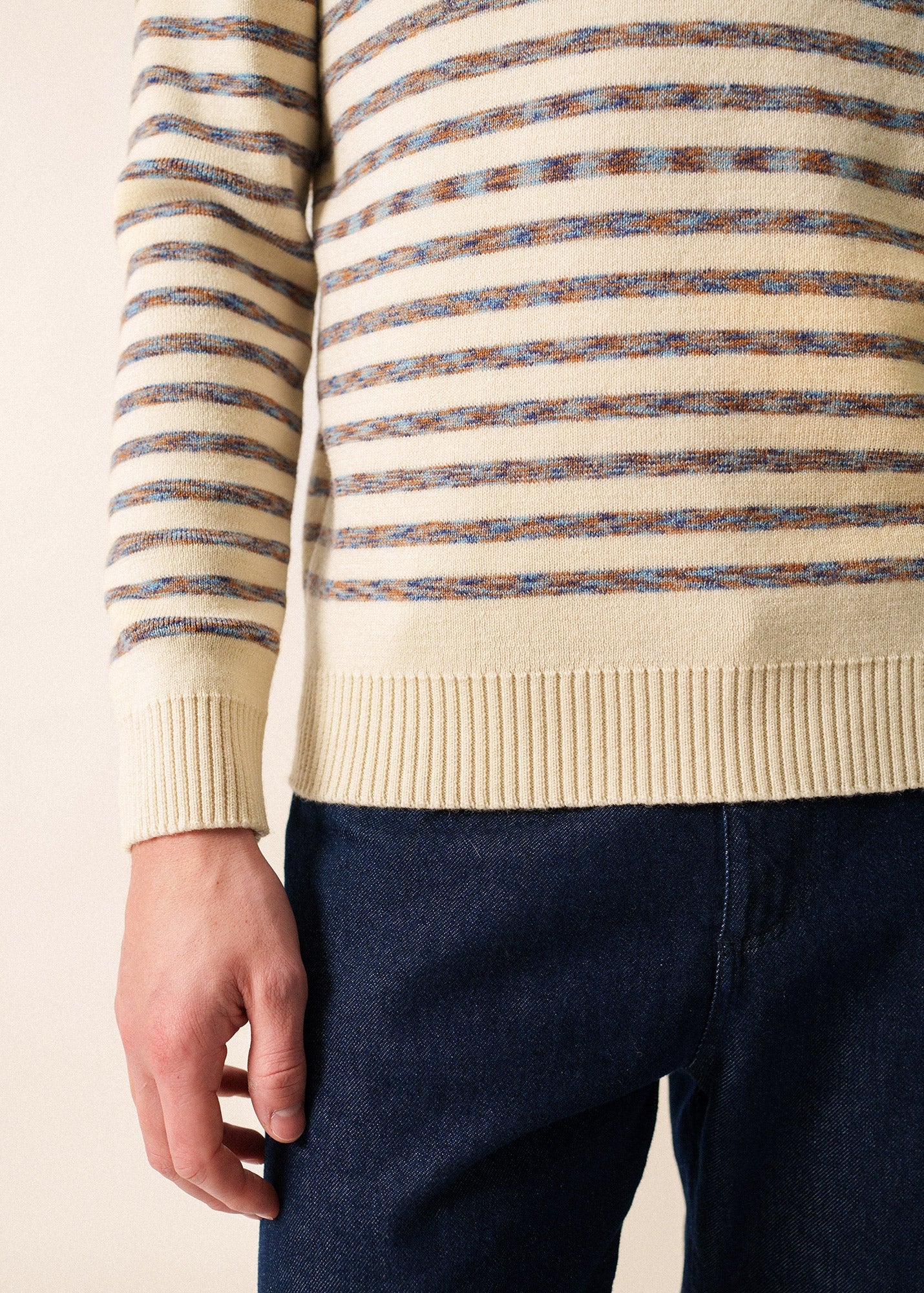 Saint James BINIC WEST - Authentic Striped Wool Sailor Sweater with Shoulder Buttons (ECRU / MULTICOLORED STRIPES)