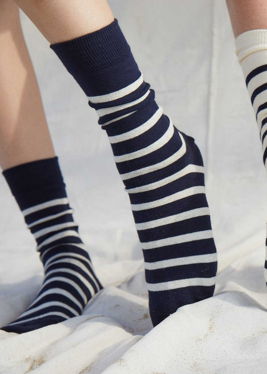 Saint James Pieds Rayes Striped Socks Navy Ecru
