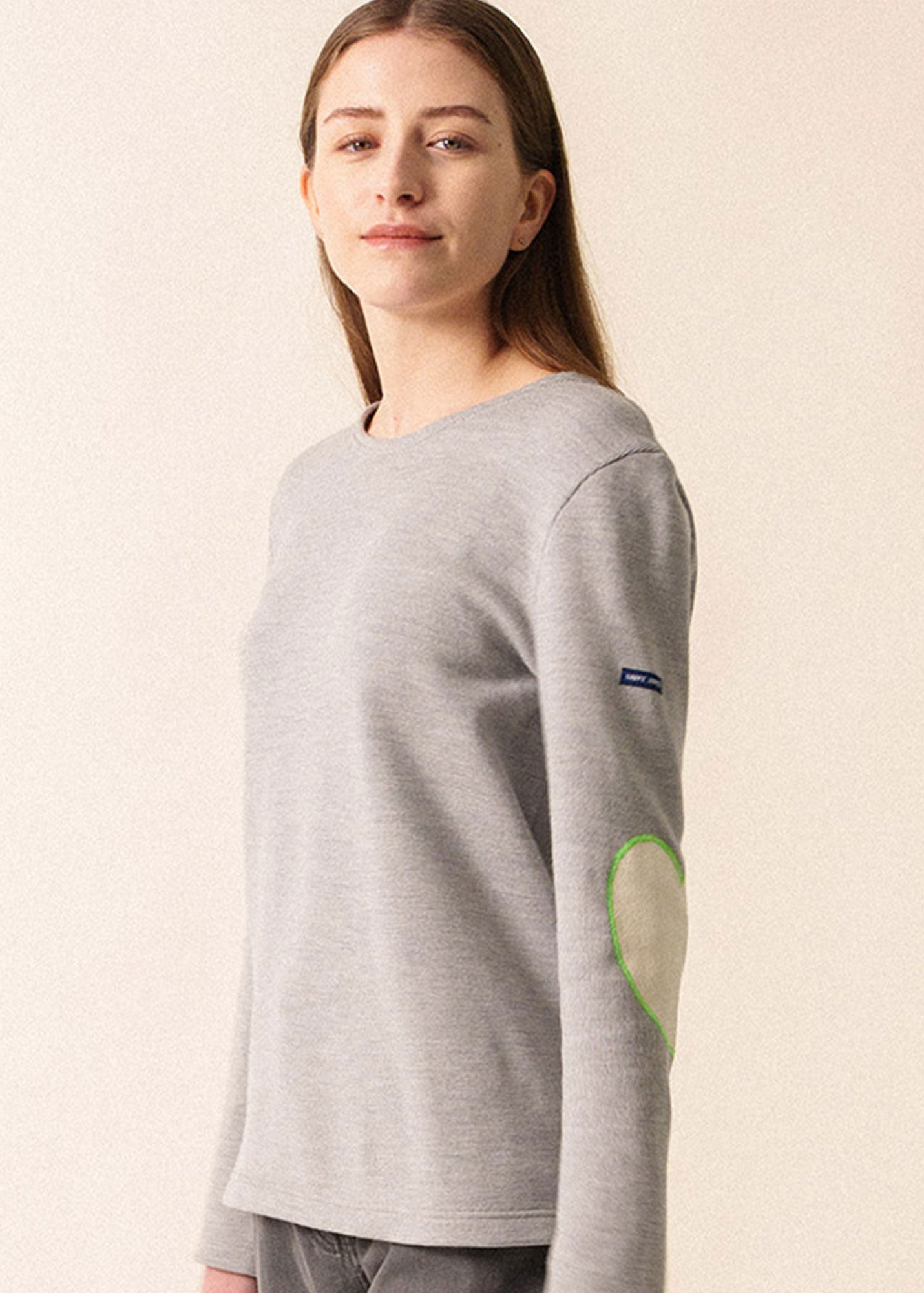 Saint James VAUJANY GEMINI - Double-Faced Wool Sweater with Heart Elbow Patches (GRAY / ECRU / NEON GREEN)