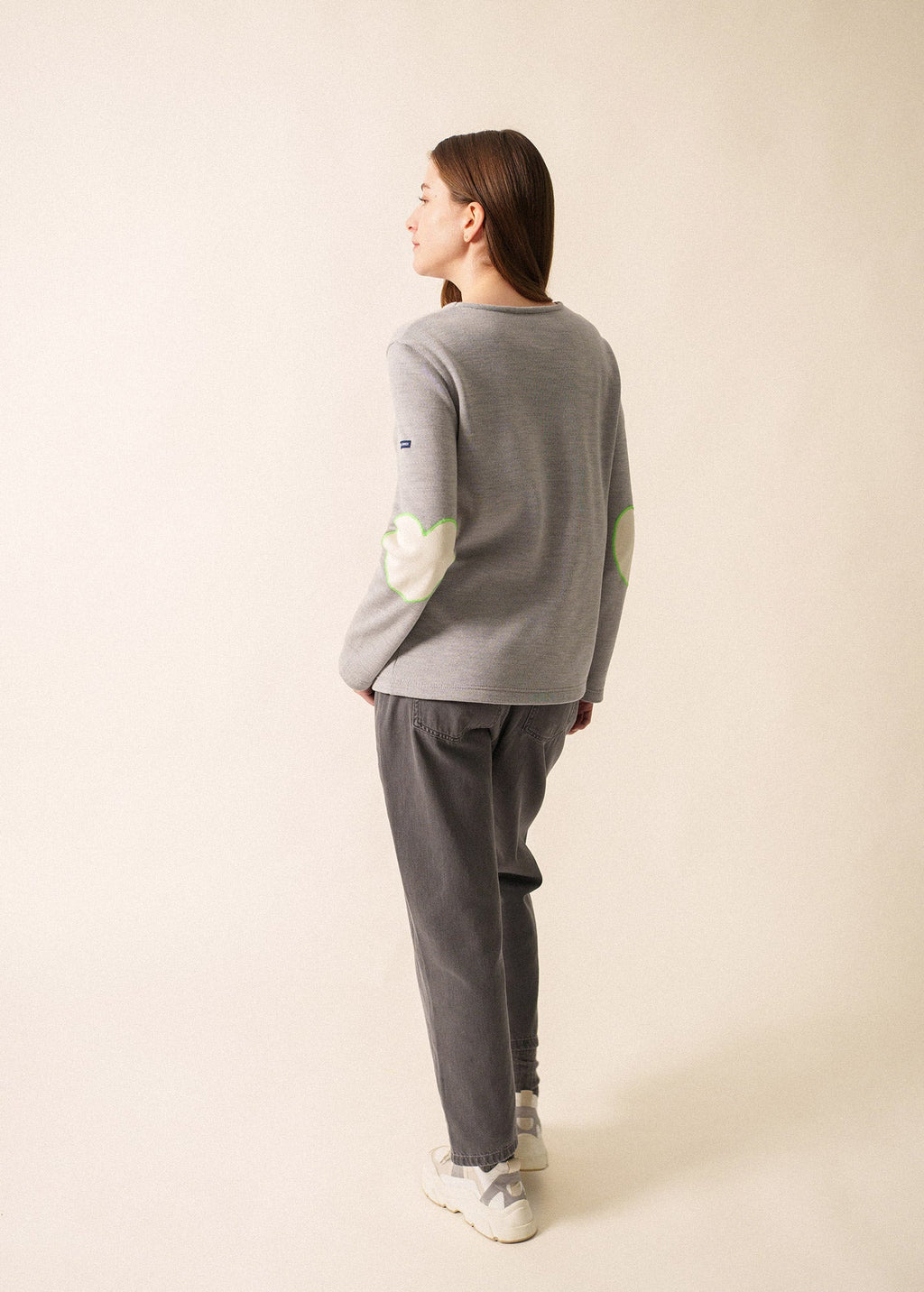 Saint James VAUJANY GEMINI - Double-Faced Wool Sweater with Heart Elbow Patches (GRAY / ECRU / NEON GREEN)