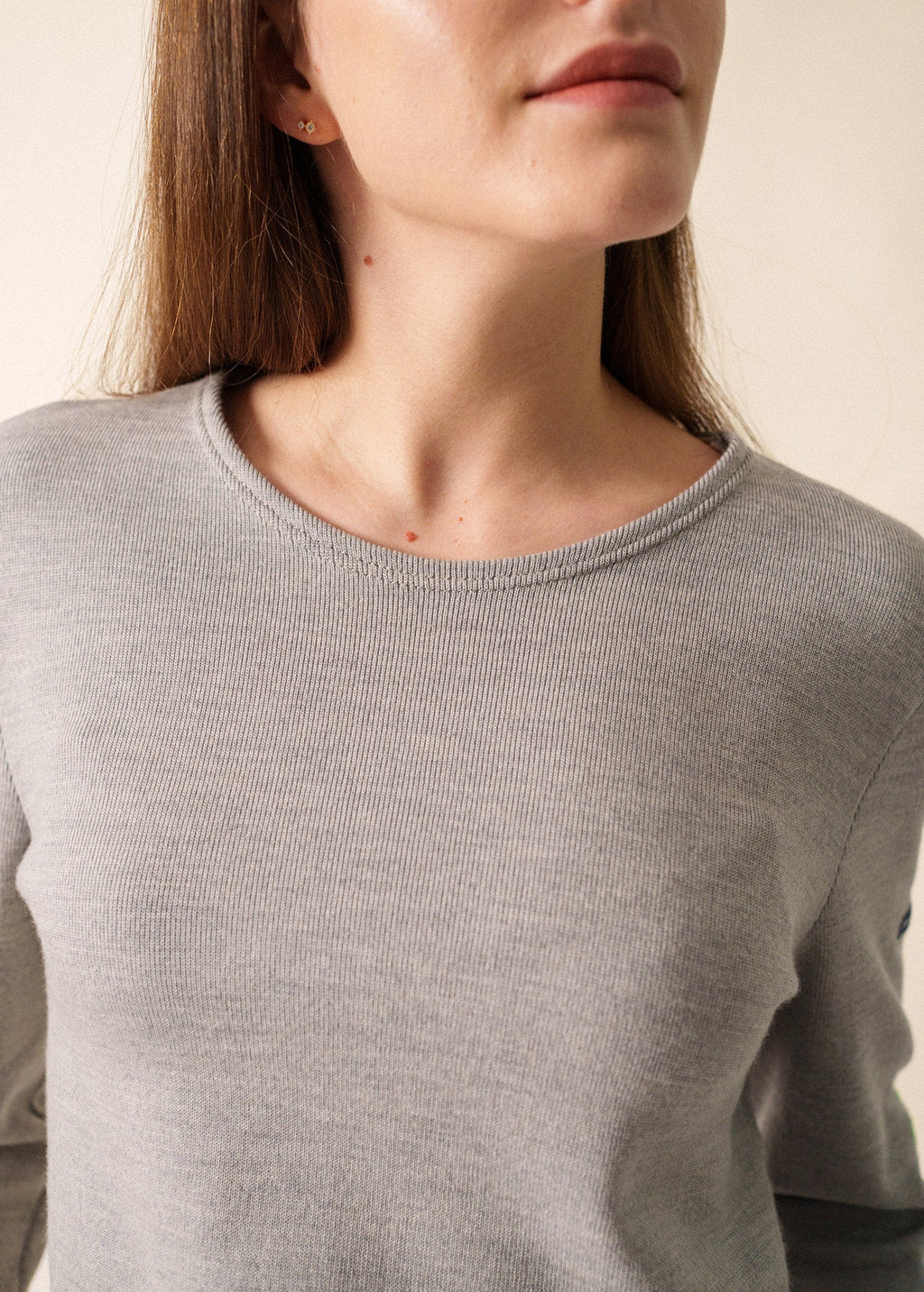 Saint James VAUJANY GEMINI - Double-Faced Wool Sweater with Heart Elbow Patches (GRAY / ECRU / NEON GREEN)