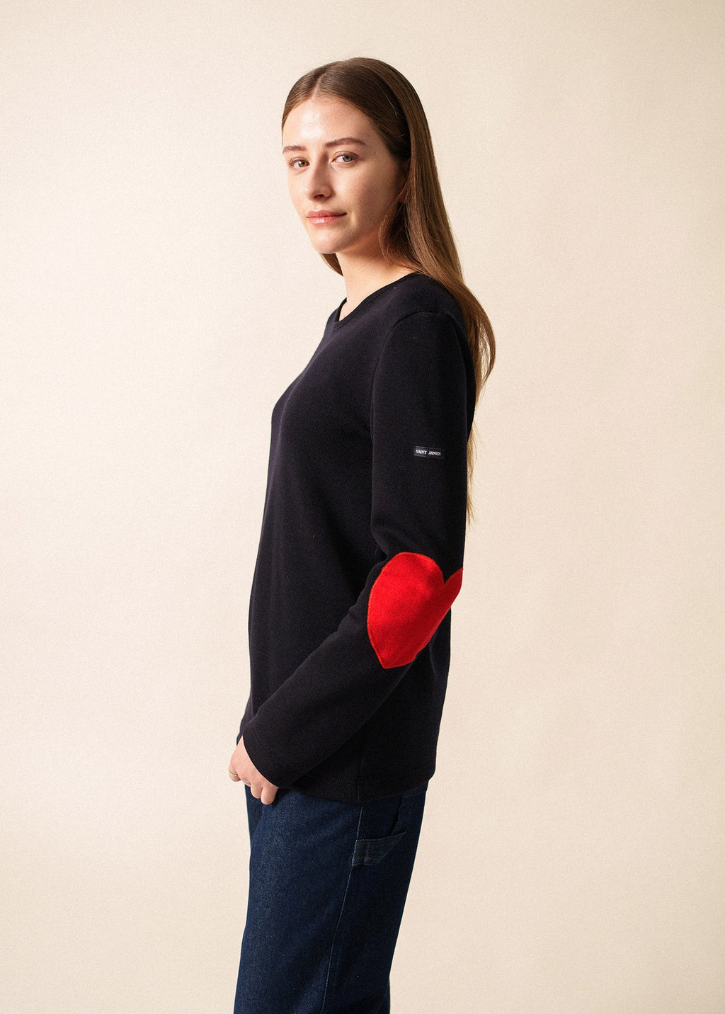 Saint James VAUJANY GEMINI - Double-Faced Wool Sweater with Heart Elbow Patches (NAVY / RED / RED)